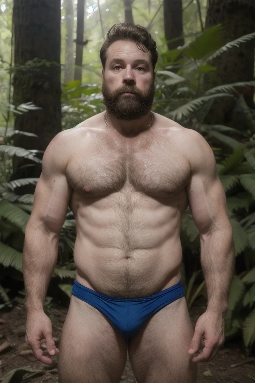 Dois homens de 50 anos, pale skin and strong, hairy chest, um musculoso com o peito peludo usando apenas uma Speedo vermelha e o outro gordinho usando regata branca e short curto, are in a forest, olhando um para o outro. Natural lighting photography effect.