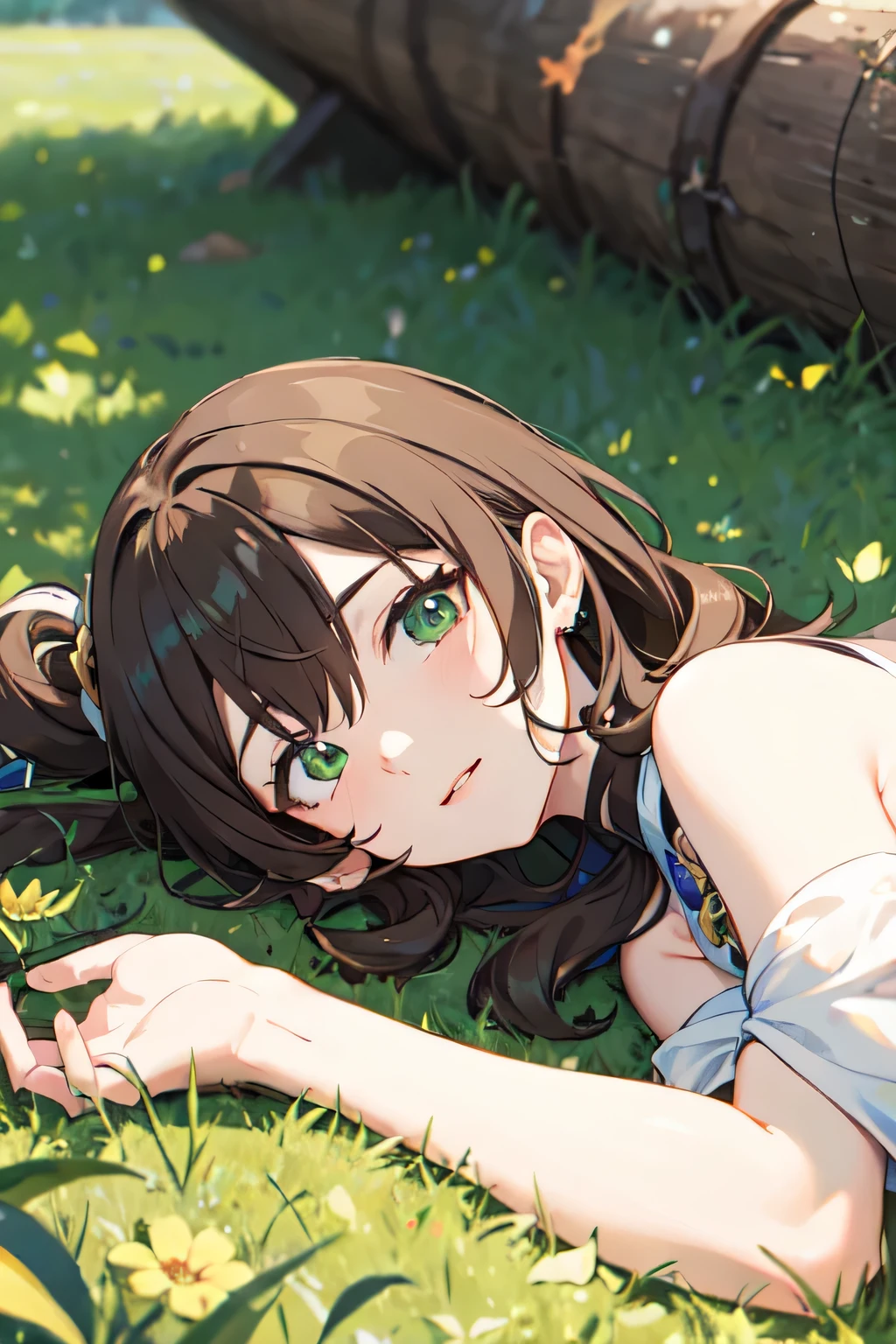 ((best quality)), ((masterpiece)), (detailed), curly brown hair, green eyes, genshin impact style, , Enjoying the sunshine, lying on the grass