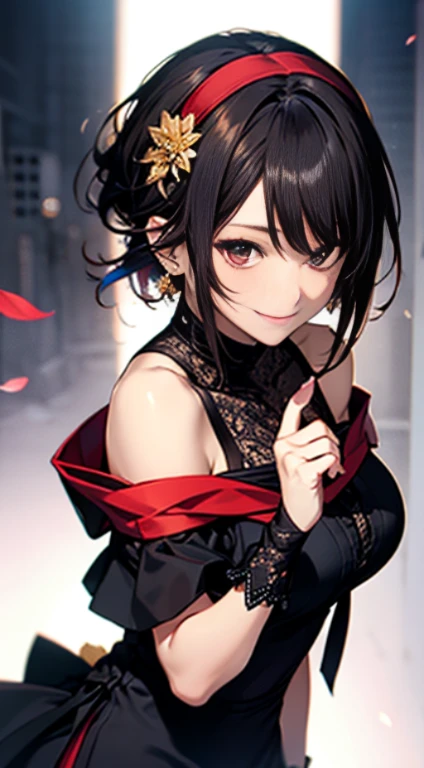 yor briar, anime style beutiful woman, 1girl,fullbody, happy, smile, red face, closed mouth, beautiful detailed eyes, super detailed skin, backlighting, bare shoulders, black background, black dress, black gloves, black hair, breasts, dress, earrings, fingerless gloves, floating hair, floral print, flower, gloves, gold earrings, gold hairband, hair flower, hair ornament, hairband, holding, holding weapon, jewelry, large breasts, long hair, looking at viewer, off-shoulder dress, off shoulder,red eyes, short hair with long locks, sidelocks, solo, spikes, thighs, two-sided dress, two-sided fabric, weapon, fighting stance , face, close up, from above, highest quality, high resolution.