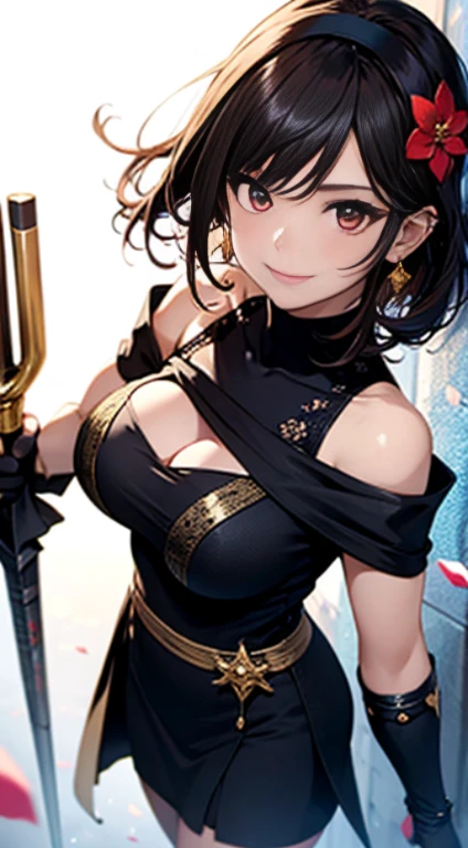 yor briar, anime style beutiful woman, 1girl,fullbody, happy, smile, red face, closed mouth, beautiful detailed eyes, super detailed skin, backlighting, bare shoulders, black background, black dress, black gloves, black hair, breasts, dress, earrings, fingerless gloves, floating hair, floral print, flower, gloves, gold earrings, gold hairband, hair flower, hair ornament, hairband, holding, holding weapon, jewelry, large breasts, long hair, looking at viewer, off-shoulder dress, off shoulder,red eyes, short hair with long locks, sidelocks, solo, spikes, thighs, two-sided dress, two-sided fabric, weapon, fighting stance , face, close up, from above, highest quality, high resolution.