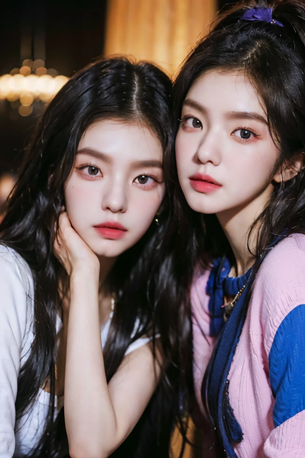 Two araped women with long black hair dressed in multi-colored fashionable clothes, twins, Popular fashion in Korea, Cerveza Soft Devil Queen Madison, Violet Myers, No makeup, wavy hair, Madison Beer, without makeup, Profile picture, Use Instagram Filters, Subtle soft and dim light, perfect face, julia sardinian, perfect hands,
