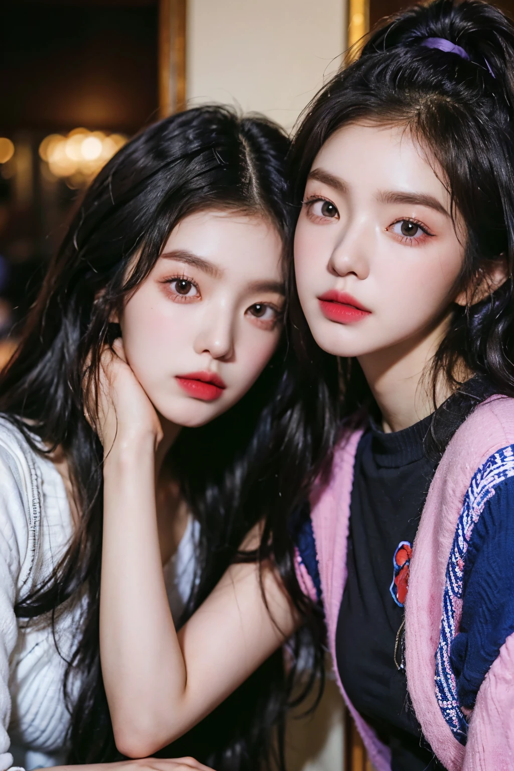 Two araped women with long black hair dressed in multi-colored fashionable clothes, twins, Popular fashion in Korea, Cerveza Soft Devil Queen Madison, Violet Myers, No makeup, wavy hair, Madison Beer, without makeup, Profile picture, Use Instagram Filters, Subtle soft and dim light, perfect face, julia sardinian, perfect hands,