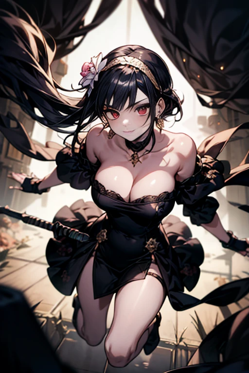 yor briar, anime style beutiful woman, 1girl,fullbody, happy, smile, red face, closed mouth, beautiful detailed eyes, super detailed skin, backlighting, bare shoulders, black background, black dress, black gloves, black hair, breasts, dress, earrings, fingerless gloves, floating hair, floral print, flower, gloves, gold earrings, gold hairband, hair flower, hair ornament, hairband, holding, holding weapon, jewelry, large breasts, long hair, looking at viewer, off-shoulder dress, off shoulder,red eyes, short hair with long locks, sidelocks, solo, spikes, thighs, two-sided dress, two-sided fabric, weapon, fighting stance , face, close up, from above, highest quality, high resolution. 