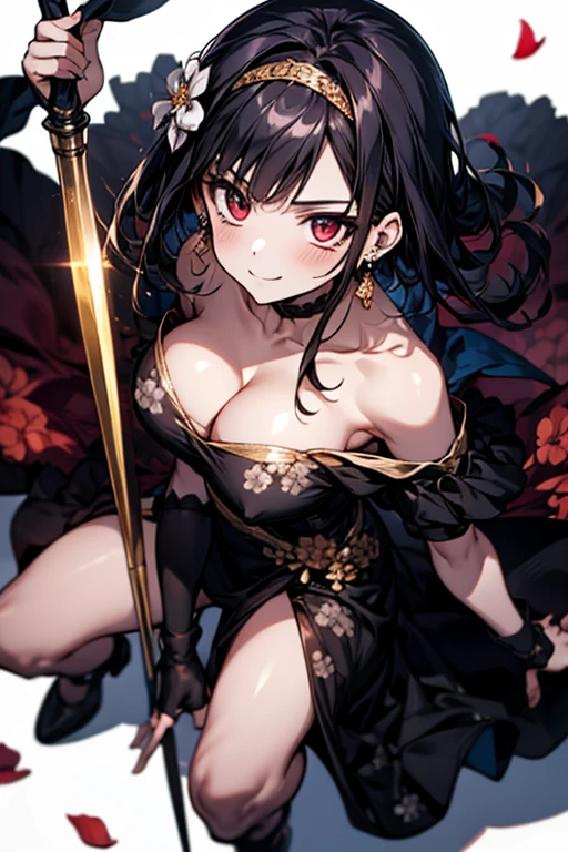 yor briar, anime style beutiful woman, 1girl,fullbody, happy, smile, red face, closed mouth, beautiful detailed eyes, super detailed skin, backlighting, bare shoulders, black background, black dress, black gloves, black hair, breasts, dress, earrings, fingerless gloves, floating hair, floral print, flower, gloves, gold earrings, gold hairband, hair flower, hair ornament, hairband, holding, holding weapon, jewelry, large breasts, long hair, looking at viewer, off-shoulder dress, off shoulder,red eyes, short hair with long locks, sidelocks, solo, spikes, thighs, two-sided dress, two-sided fabric, weapon, fighting stance , face, close up, from above, highest quality, high resolution.