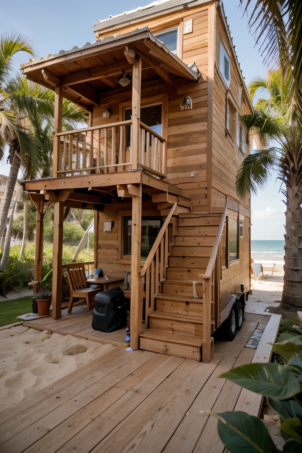 (( tiny house beach front)) (deck con escalera) ((( madera))) (((palmeras)))