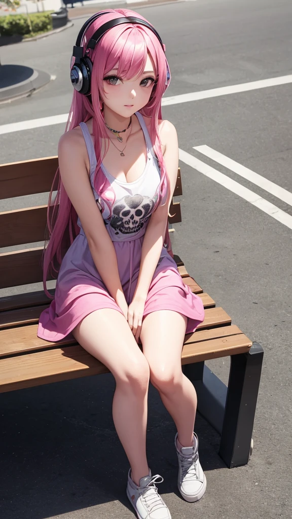 Sexy girl, long pink hair, tight miniskirt, plain tank top, prominent nipples, sitting in a sexy pose on a park bench, touches her pussy, caresses her pussy, open pussy, fluids, sexy, lascivious, legs spread, oil painting, chiaroscuro, sensual and dramatic lighting, moody atmosphere, photorealistic, intricate details, masterpiece, ultra detailed, high quality, 8k, best quality, realistic, cinematic, dark and brooding, expressionist, powerful composition, emotional impact, art inspired by Bill Sienkiewicz
