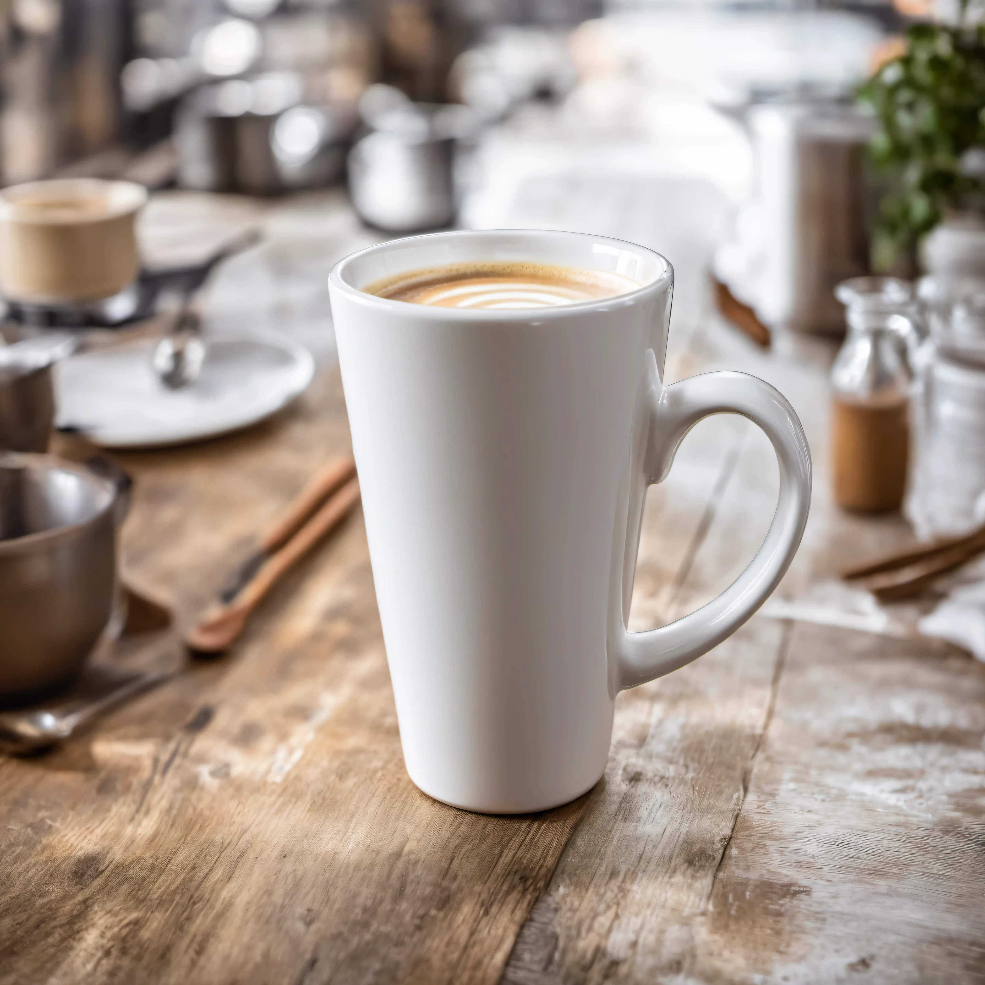 white latte mug standing in rustic kitchen, professional photography, sony a7 photo, shallow depth of field, bright