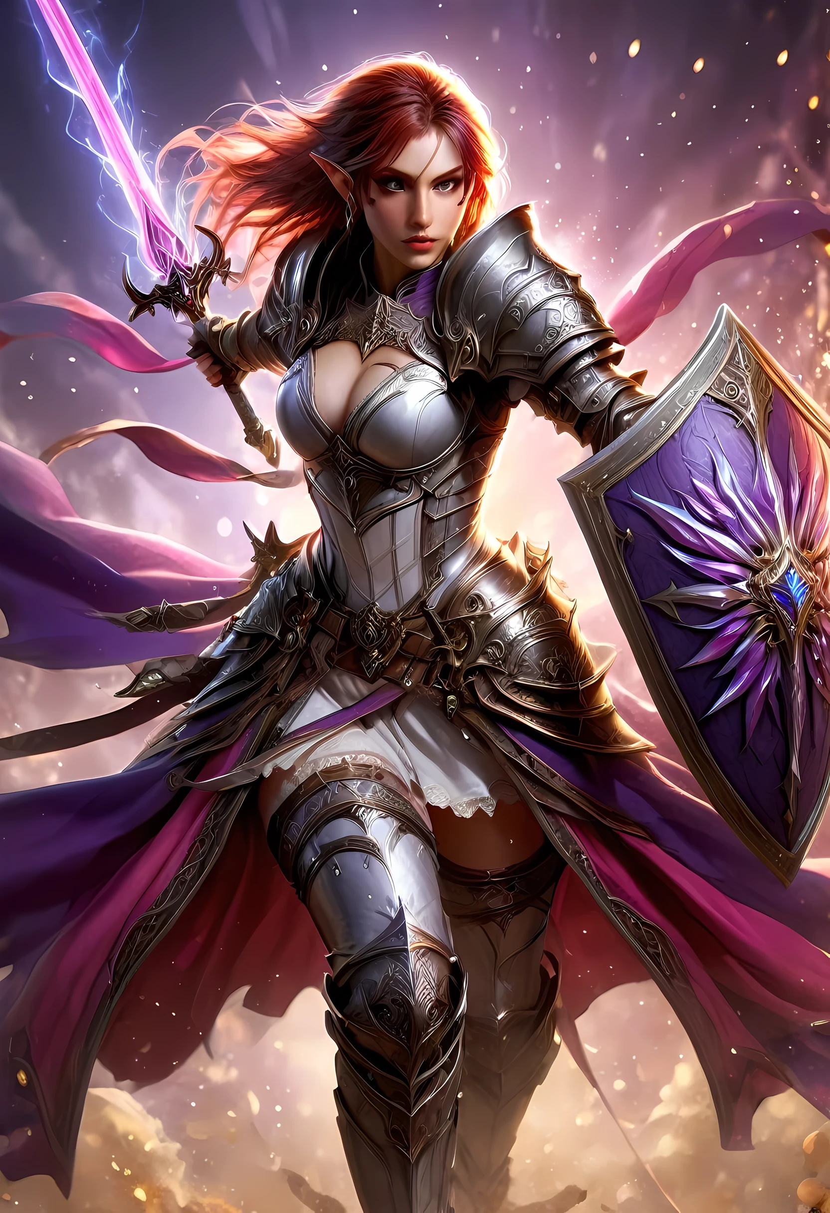 a picture of a female elf (intense details, Masterpiece, best quality: 1.5) fantasy swashbuckler, fantasy fencer, armed with a slim sword, shinning sword, metallic shine, colorful clothes, dynamic clothing, an ultra wide shot, full body (intense details, Masterpiece, best quality: 1.5)epic beautiful female elf (intense details, Masterpiece, best quality: 1.5), rich hair, braided hair, small pointed ears, GlowingRunes_pink [colorful magical sigils in the air],[ colorful arcane markings floating] (intricate details, Masterpiece, best quality: 1.6), holding a [sword] (intricate details, Masterpiece, best quality: 1.6) holding a [sword glowing in red light]fantasy urban street (intense details, Masterpiece, best quality: 1.5),  purple cloak, long cloak (intense details, Masterpiece, best quality: 1.5), sense of daring, sense of adventure,  high details, best quality, 8k, [ultra detailed], masterpiece, best quality, (extremely detailed), dynamic angle, ultra wide shot, photorealistic, RAW, fantasy art, dnd art,fantasy art, realistic art, faize, Sword and shield