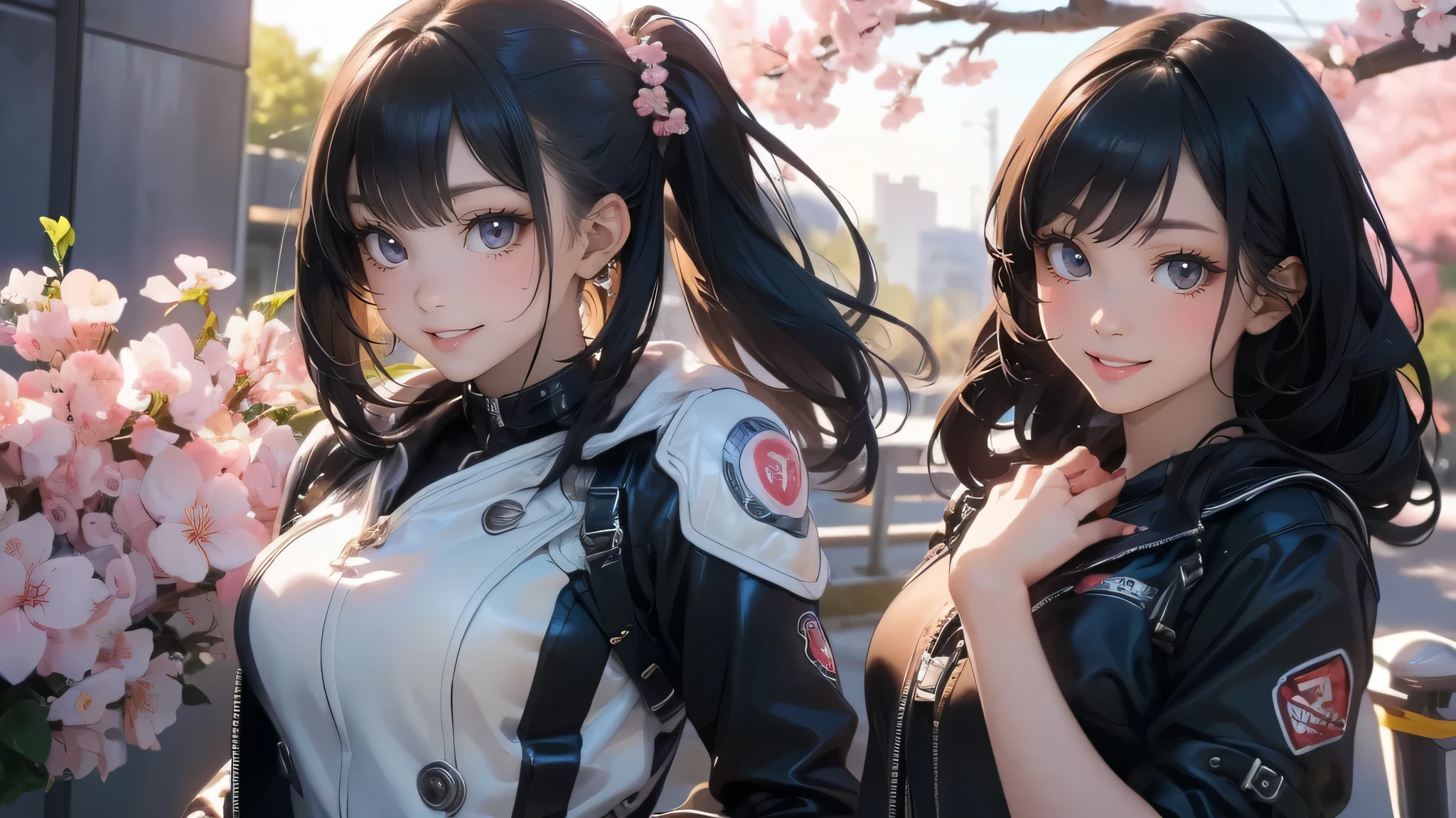 (girl riding a motorcycle:1.2),A park where cherry blossoms dance,high school girl,(random cute pose),(random hairstyle),(Highest image quality,(8K), Ultra-realistic, Best Quality, High quality, High Definition, high quality texture, high detailing, Beautiful detailed, fine detailed, extremely details CG, Detailed texture, realistic representation of face, masterpiece, presence)