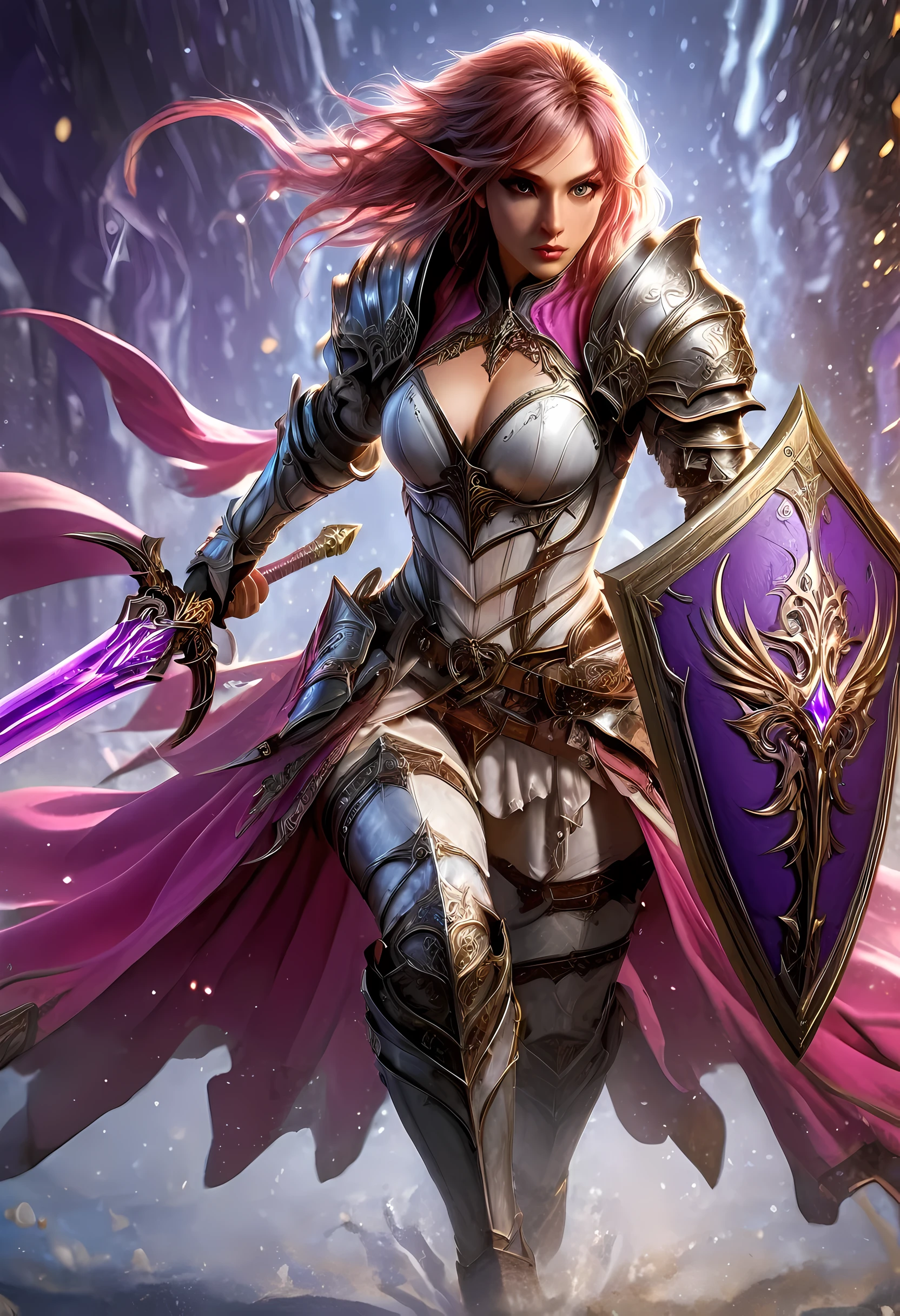 a picture of a female elf (intense details, Masterpiece, best quality: 1.5) fantasy swashbuckler, fantasy fencer, armed with a slim sword, shinning sword, metallic shine, colorful clothes, dynamic clothing, an ultra wide shot, full body (intense details, Masterpiece, best quality: 1.5)epic beautiful female elf (intense details, Masterpiece, best quality: 1.5), rich hair, braided hair, small pointed ears, GlowingRunes_pink [colorful magical sigils in the air],[ colorful arcane markings floating] (intricate details, Masterpiece, best quality: 1.6), holding a [sword] (intricate details, Masterpiece, best quality: 1.6) holding a [sword glowing in red light]fantasy urban street (intense details, Masterpiece, best quality: 1.5),  purple cloak, long cloak (intense details, Masterpiece, best quality: 1.5), sense of daring, sense of adventure,  high details, best quality, 8k, [ultra detailed], masterpiece, best quality, (extremely detailed), dynamic angle, ultra wide shot, photorealistic, RAW, fantasy art, dnd art,fantasy art, realistic art, faize, Sword and shield