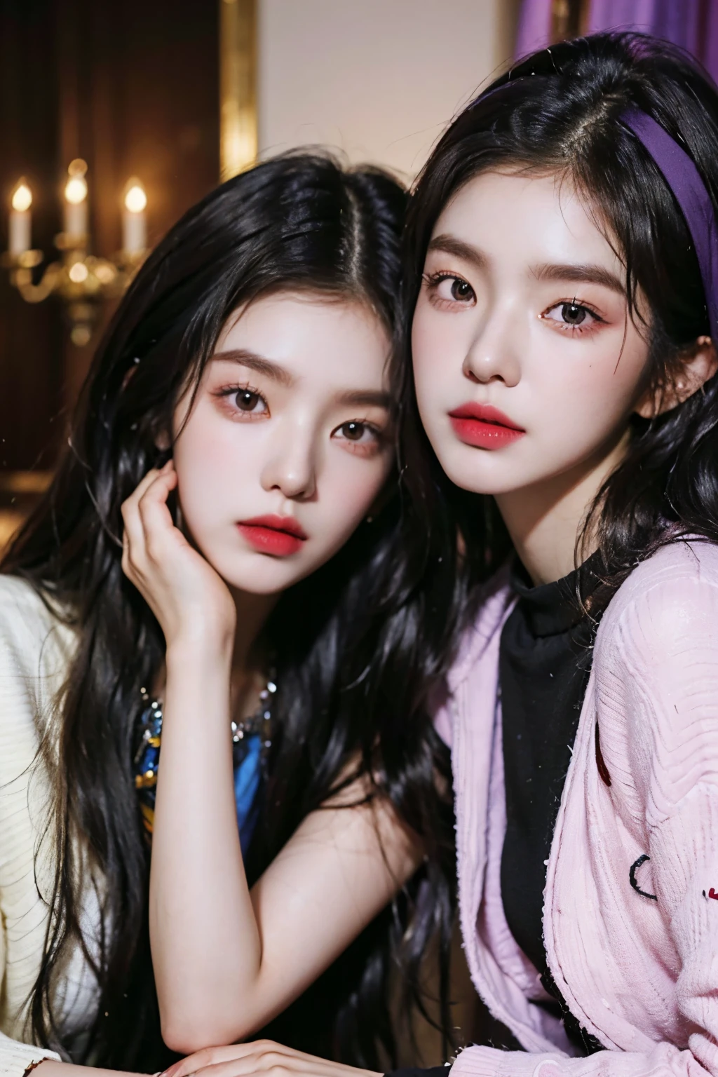 Two araped women with long black hair dressed in multi-colored fashionable clothes, twins, Popular fashion in Korea, Cerveza Soft Devil Queen Madison, Violet Myers, No makeup, wavy hair, Madison Beer, without makeup, Profile picture, Use Instagram Filters, Subtle soft and dim light, perfect face, julia sardinian, perfect hands,