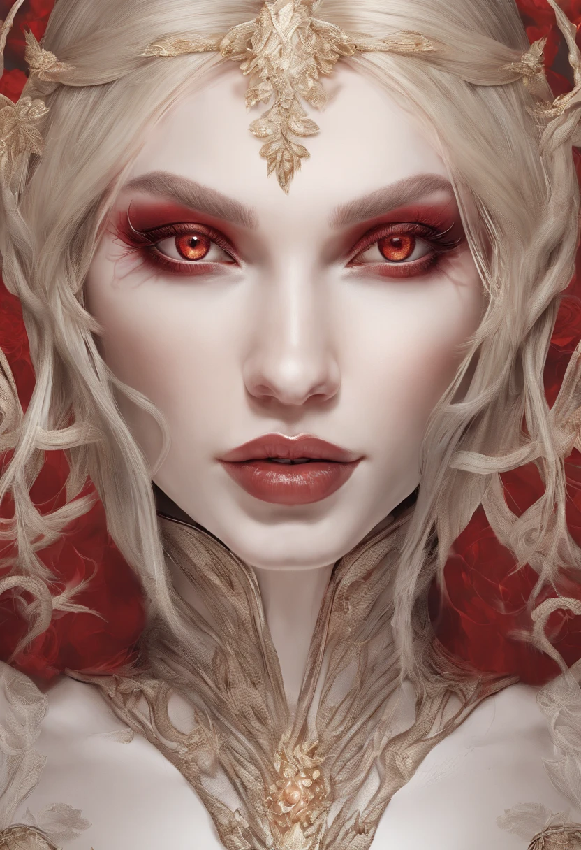 Sexy blonde demon woman with pale skin, red eyes