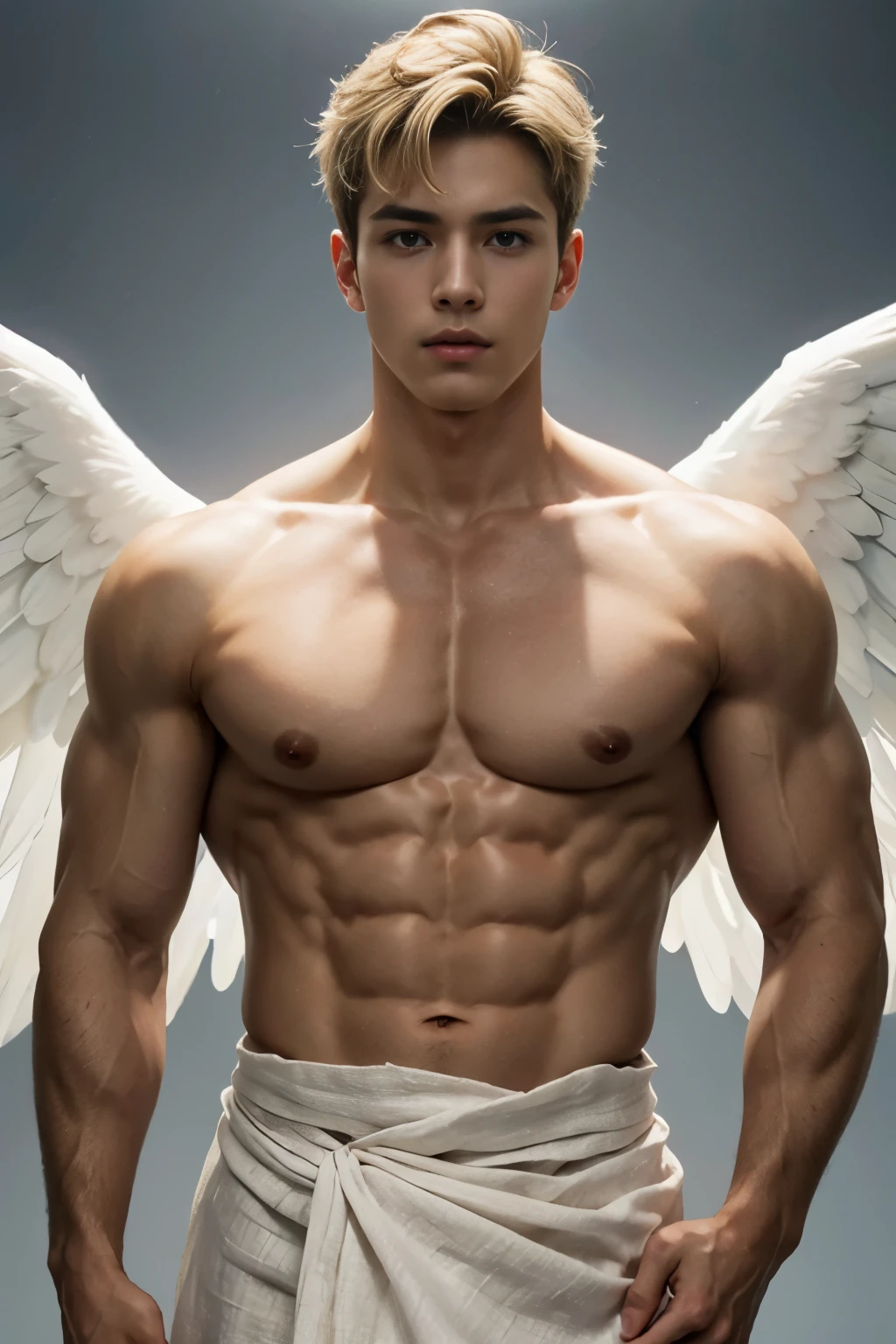 Photorealistic, ((best quality)), ((masterpiece)), (detailed), masculine portrait of young angel , 18-year-old male models, handsome, tall, cute looking, cute look, sweet look, powerful, young male, handsome model, clean shave, silver eyes. (blond:1.5), short curly messy blond hair, messy curly hair, short hair, super strong, muscular, fit, massive muscles, six pack, (shirtless:1.8), barechested, half-naked, topless, muscle, ripped, strong body, fit body, great chest, amazing armassive maggestic angel wings:1.4), (angelic halo :1.4), (linen draped cloth skirt:1.4), heaven gates in the background, (heavenly background:1.3) 8k, high detailed, ultra-detailed, Stylish Pose, real skin texture, dark cinematic lighting