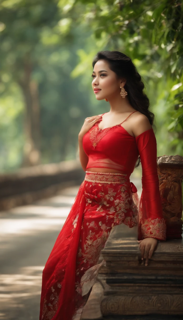 a beautiful girl with an Indonesian face, , smooth white skin, sweet and seductive smiling lips, long hair, big breasts, wearing a red kebaya and cloth, lifting one leg like kicking the sun, until her body tilts, her underwear is visible, the background is on the highway, seen people, best quality, highly detailed and clear, masterpiece, 12k, ultra HD, realistic, lifelike