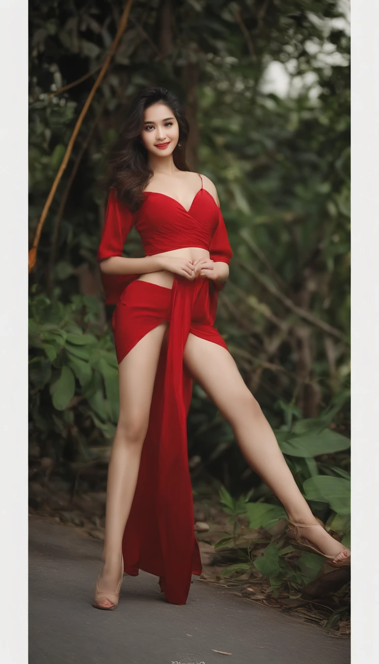 (best quality, 4K, masterpiece :1.3), bamboo forest,pretty Woman, 1 girl, Full body image, red,chiffon, transparent clothes,Translucent clothes, High heel