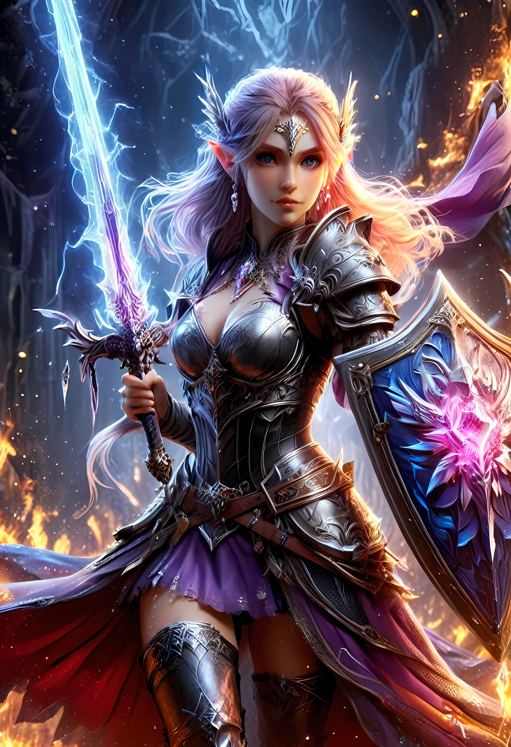 a picture of a female elf (intense details, Masterpiece, best quality: 1.5) fantasy swashbuckler, fantasy fencer, armed with a slim sword, shinning sword, metallic shine, colorful clothes, dynamic clothing, an ultra wide shot, full body (intense details, Masterpiece, best quality: 1.5)epic beautiful female elf (intense details, Masterpiece, best quality: 1.5), rich hair, braided hair, small pointed ears, GlowingRunes_pink [colorful magical sigils in the air],[ colorful arcane markings floating] (intricate details, Masterpiece, best quality: 1.6), holding a [sword] (intricate details, Masterpiece, best quality: 1.6) holding a [sword glowing in red light]fantasy urban street (intense details, Masterpiece, best quality: 1.5),  purple cloak, long cloak (intense details, Masterpiece, best quality: 1.5), sense of daring, sense of adventure,  high details, best quality, 8k, [ultra detailed], masterpiece, best quality, (extremely detailed), dynamic angle, ultra wide shot, photorealistic, RAW, fantasy art, dnd art,fantasy art, realistic art, faize, Sword and shield