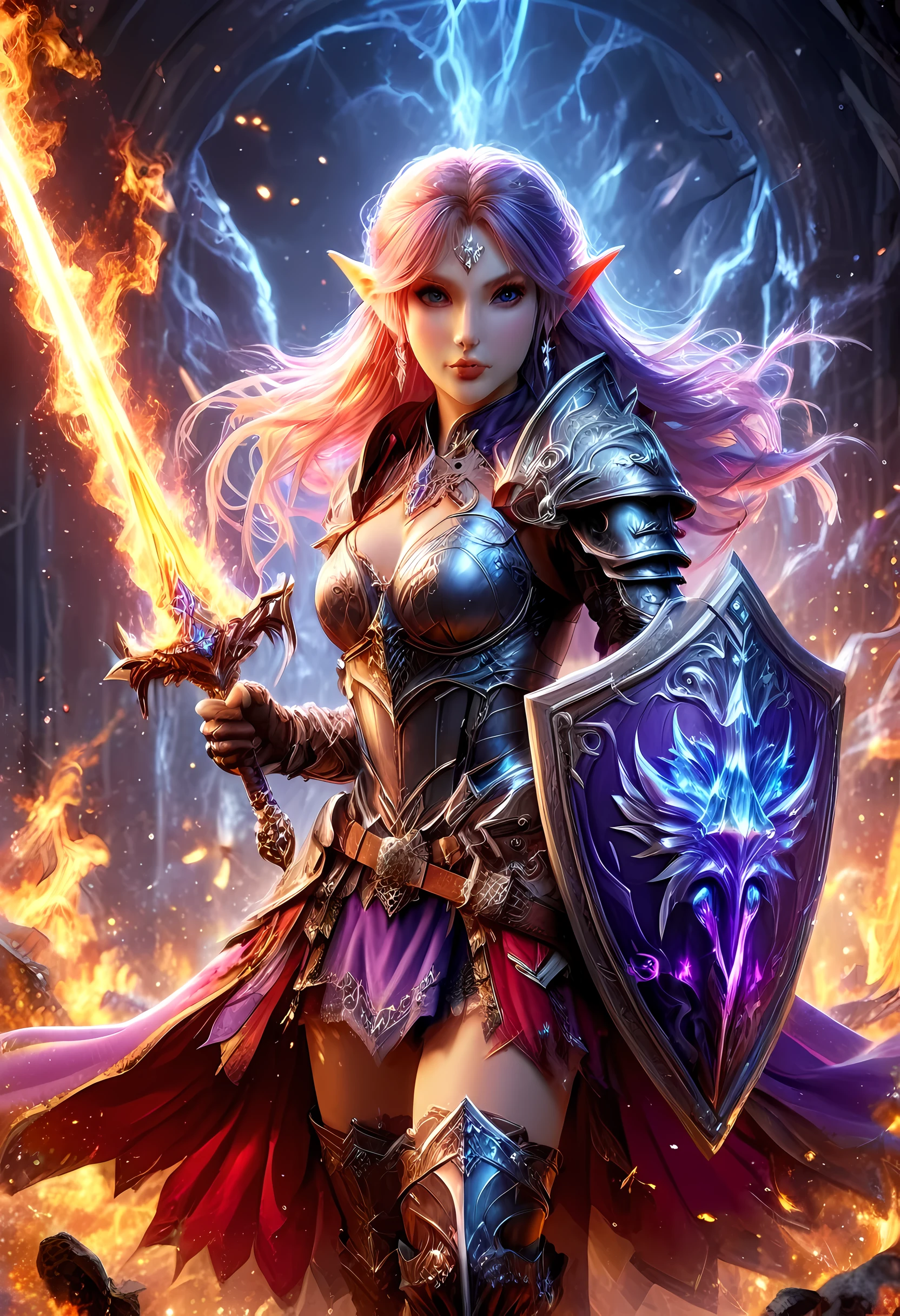 a picture of a female elf (intense details, Masterpiece, best quality: 1.5) fantasy swashbuckler, fantasy fencer, armed with a slim sword, shinning sword, metallic shine, colorful clothes, dynamic clothing, an ultra wide shot, full body (intense details, Masterpiece, best quality: 1.5)epic beautiful female elf (intense details, Masterpiece, best quality: 1.5), rich hair, braided hair, small pointed ears, GlowingRunes_pink [colorful magical sigils in the air],[ colorful arcane markings floating] (intricate details, Masterpiece, best quality: 1.6), holding a [sword] (intricate details, Masterpiece, best quality: 1.6) holding a [sword glowing in red light]fantasy urban street (intense details, Masterpiece, best quality: 1.5),  purple cloak, long cloak (intense details, Masterpiece, best quality: 1.5), sense of daring, sense of adventure,  high details, best quality, 8k, [ultra detailed], masterpiece, best quality, (extremely detailed), dynamic angle, ultra wide shot, photorealistic, RAW, fantasy art, dnd art,fantasy art, realistic art, faize, Sword and shield