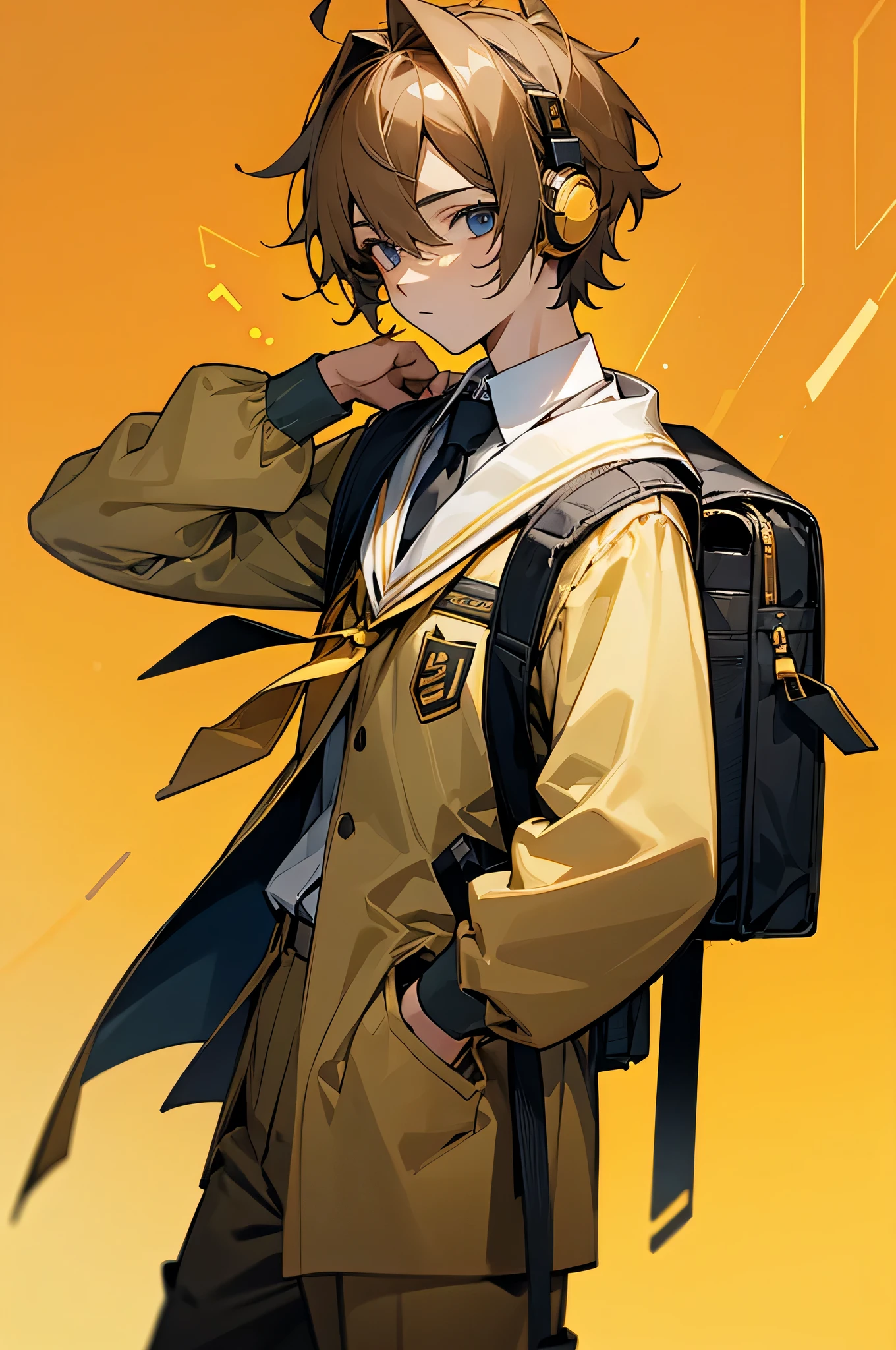 male, teenager, headphones, Golden teenager clothes, Backpack, School Background