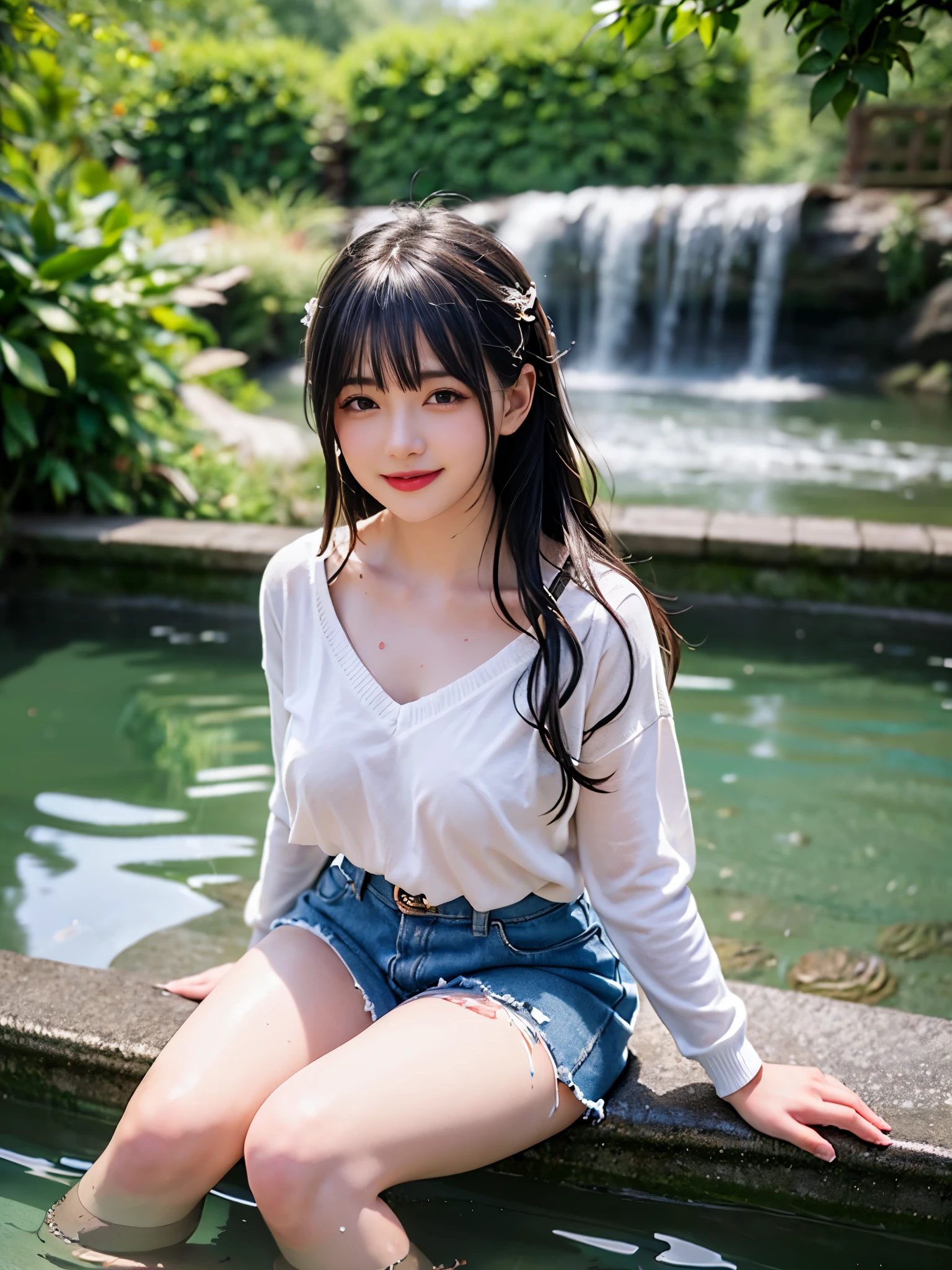 woman sitting in the water, (long wavy hair), bottom angle, in a pond, in water up to her waist, in the water, denim skirt, belt, ((v neck pullover)), white shirt, seated in the water, charli bowater, cute woman, with a waterfalls, casually dressed, wet look, portrait shot, mid shot portrait, playing in water, smiling at viewer, coy, cute shot, narrow depth of field, 8k, nsfw, drenched, ((soaked)), dripping water, dripping oil, heavy clothes, soaked in oil, wet all over, rouge lipstick