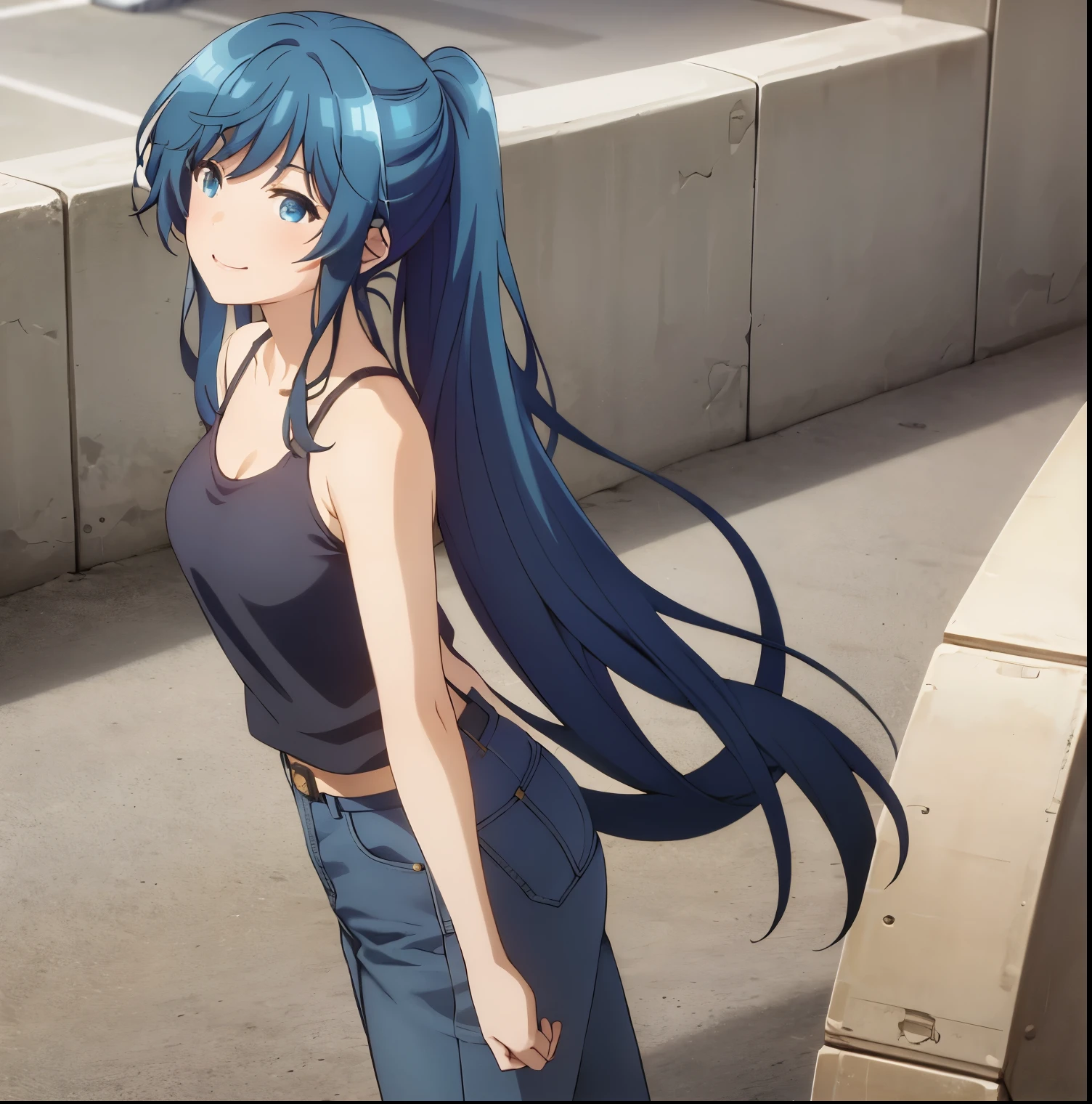 1girl,alone,minami,nanami,best quality,(Masterpiece:1.2),detailed,smile,mouth closed, blue hair, blue eyes, long hair, ponytail, tight black shirt, tank top, cleavage, tight blue jeans, medium breasts, medium waist, wide hips, medium thighs, walking, city, street, good lighting perfect anatomy, perfect hands