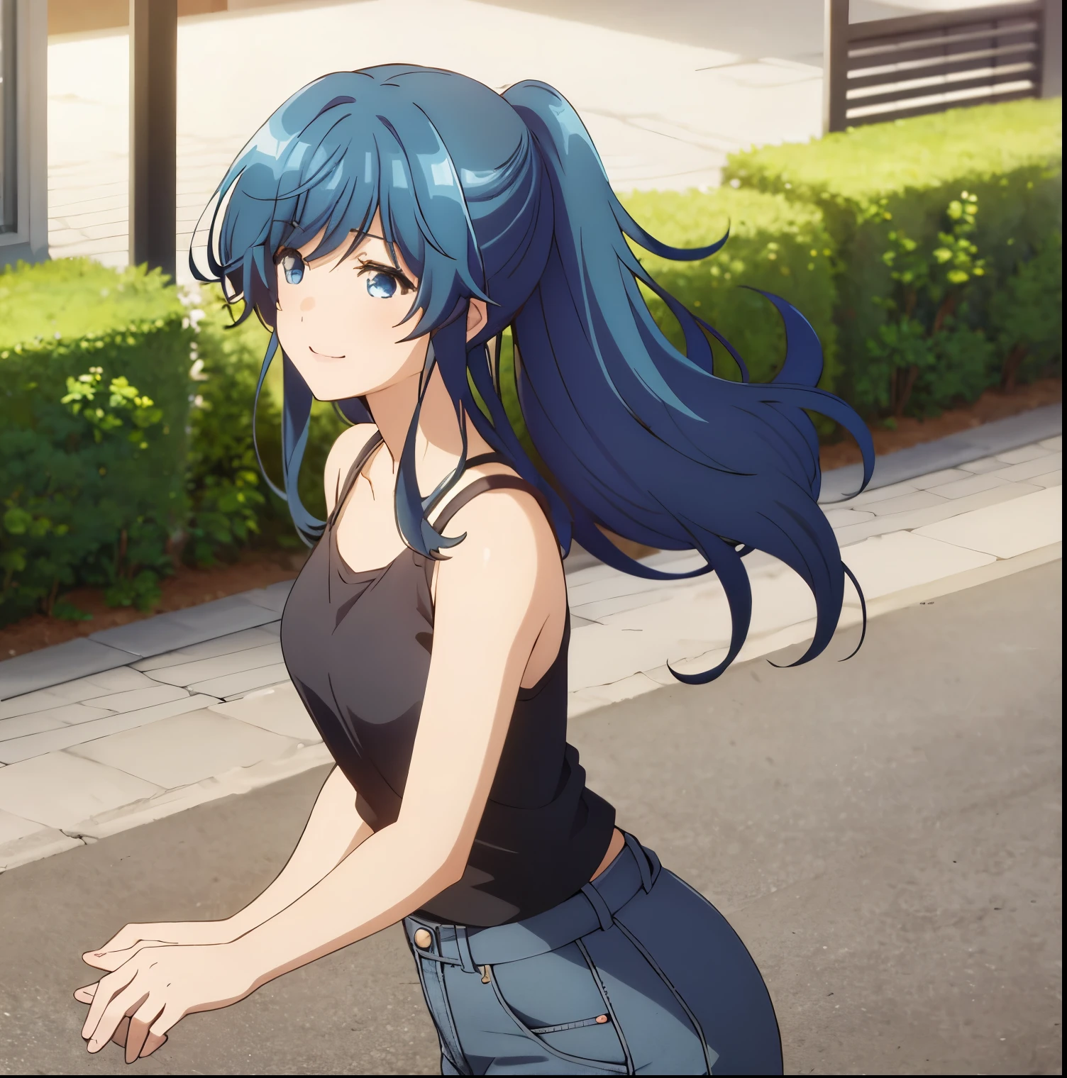 1girl,alone,minami,nanami,best quality,(Masterpiece:1.2),detailed,smile,mouth closed, blue hair, blue eyes, long hair, ponytail, tight black shirt, tank top, cleavage, tight blue jeans, medium breasts, medium waist, wide hips, medium thighs, walking, city, street, good lighting perfect anatomy, perfect hands