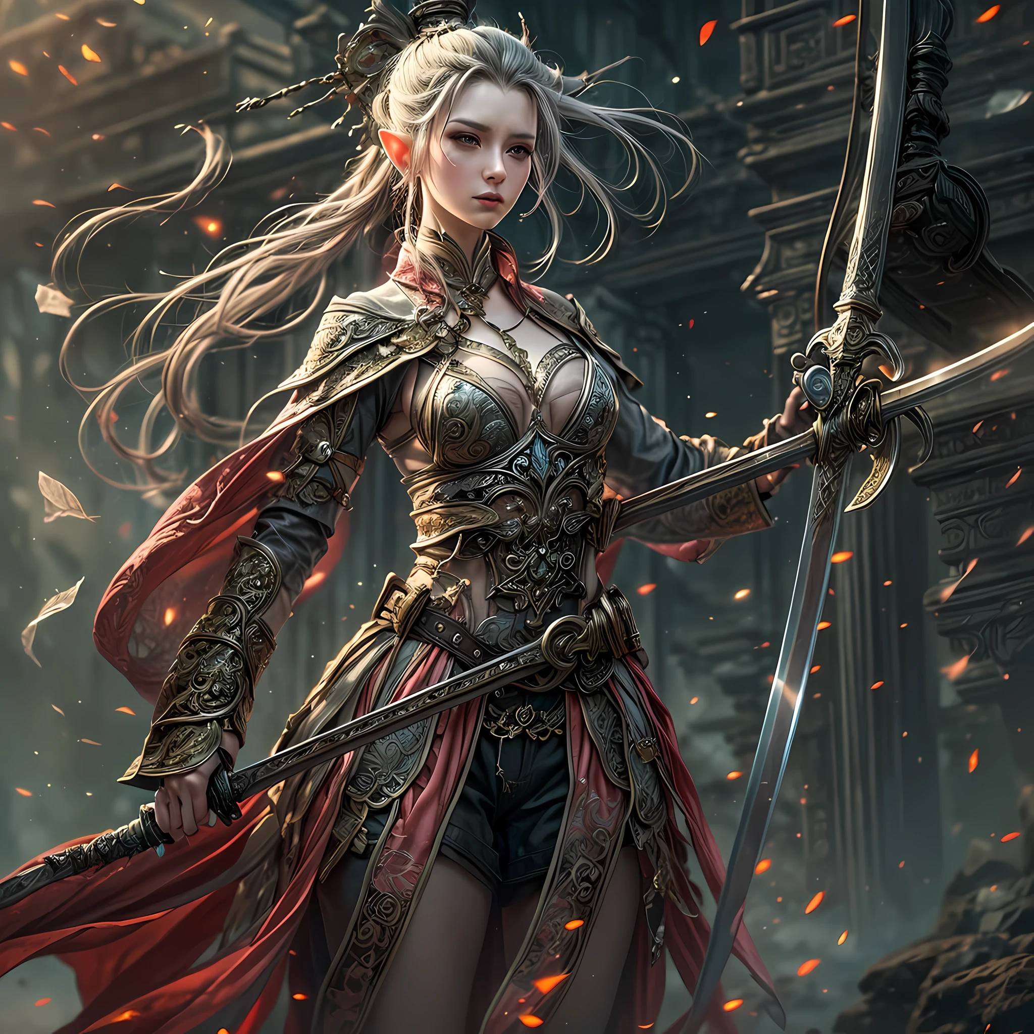 a picture of a female elf (intense details, Masterpiece, best quality: 1.5) fantasy swashbuckler, fantasy fencer, armed with a slim sword, shinning sword, metallic shine, colorful clothes, dynamic clothing, an ultra wide shot, full body (intense details, Masterpiece, best quality: 1.5)epic beautiful female elf (intense details, Masterpiece, best quality: 1.5), rich hair, braided hair, small pointed ears, GlowingRunes_pink [colorful magical sigils in the air],[ colorful arcane markings floating] (intricate details, Masterpiece, best quality: 1.6), holding a [sword] (intricate details, Masterpiece, best quality: 1.6) holding a [sword glowing in red light]fantasy urban street (intense details, Masterpiece, best quality: 1.5),  purple cloak, long cloak (intense details, Masterpiece, best quality: 1.5), sense of daring, sense of adventure,  high details, best quality, 8k, [ultra detailed], masterpiece, best quality, (extremely detailed), dynamic angle, ultra wide shot, photorealistic, RAW, fantasy art, dnd art,fantasy art, realistic art, xuer Ancient Chinese sword