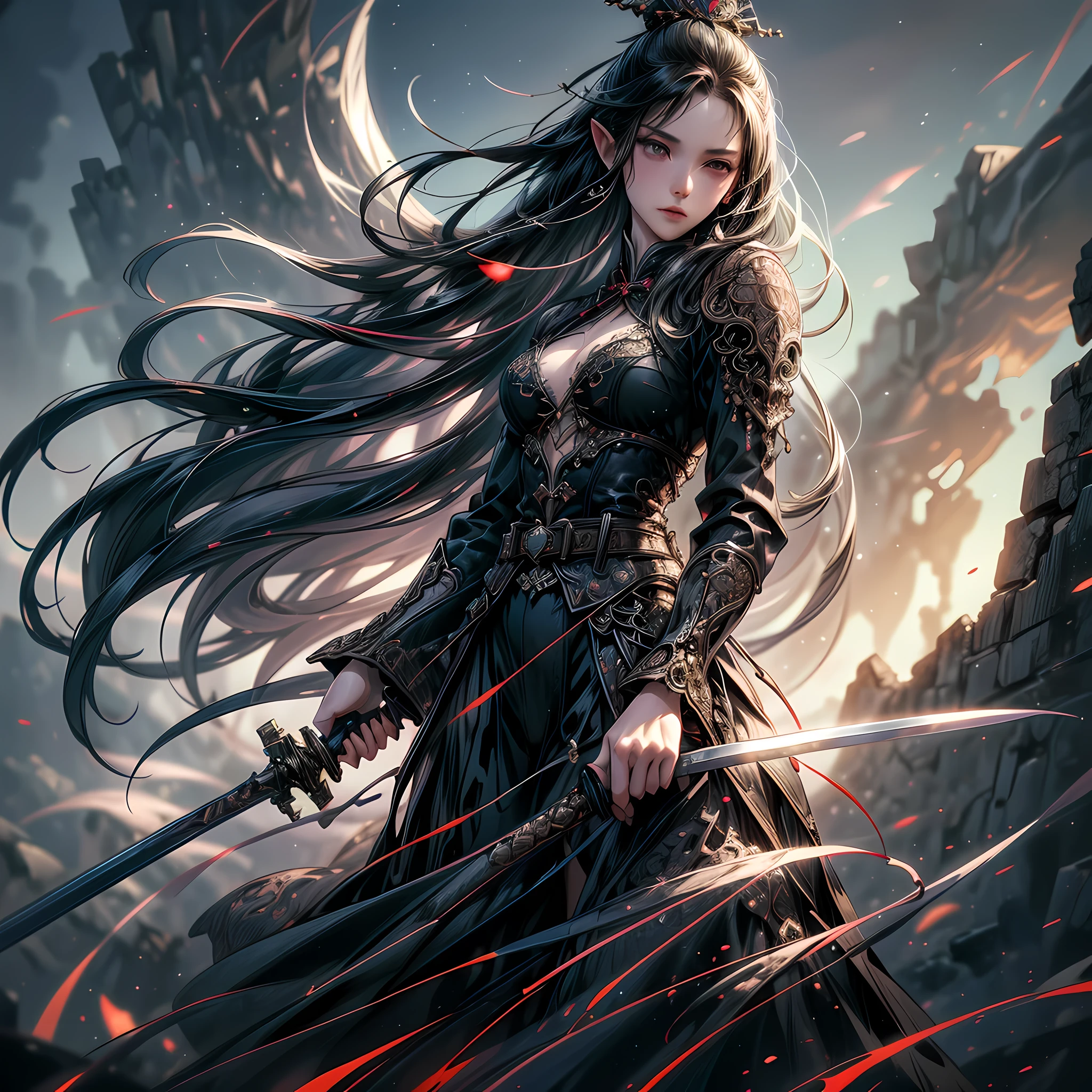 a picture of a female elf (intense details, Masterpiece, best quality: 1.5) fantasy swashbuckler, fantasy fencer, armed with a slim sword, shinning sword, metallic shine, colorful clothes, dynamic clothing, an ultra wide shot, full body (intense details, Masterpiece, best quality: 1.5)epic beautiful female elf (intense details, Masterpiece, best quality: 1.5), rich hair, braided hair, small pointed ears, GlowingRunes_pink [colorful magical sigils in the air],[ colorful arcane markings floating] (intricate details, Masterpiece, best quality: 1.6), holding a [sword] (intricate details, Masterpiece, best quality: 1.6) holding a [sword glowing in red light]fantasy urban street (intense details, Masterpiece, best quality: 1.5),  purple cloak, long cloak (intense details, Masterpiece, best quality: 1.5), sense of daring, sense of adventure,  high details, best quality, 8k, [ultra detailed], masterpiece, best quality, (extremely detailed), dynamic angle, ultra wide shot, photorealistic, RAW, fantasy art, dnd art,fantasy art, realistic art, xuer Ancient Chinese sword
