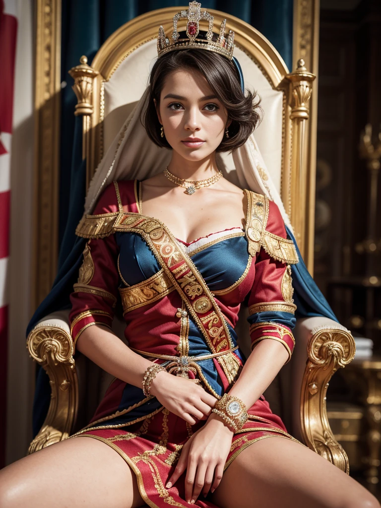 Masterpice, high quality, 8k quality, 1 lady, young Queen Elizabeth 2, Queen of United Kingdom, wearing royal uniform with her crown of Dimond sitting on royal throne, cloth cover all her body included her legs,the royal uniform cover all body including her legs, beautiful face, short black hair, the best photo for the  queen of United Kingdom, the best look for Queen in her young age (30 years), Beckenham Place as background and United Kingdom flag, realistic hands