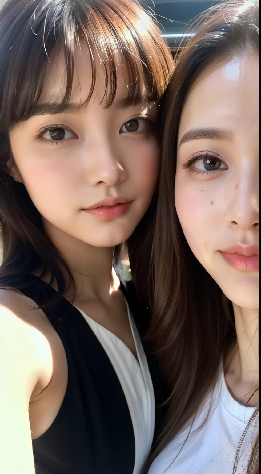 Identical twin sisters taking a selfie, 16 years old, bangs, finely detailed skin、 extremely detailed eyes and face、Detailed beautiful delicate eyes、 cheerful、(8k, RAW photo, best quality, masterpiece:1.2), (realistic, photo-realistic:1.4), (extremely detailed 8k wallpaper),