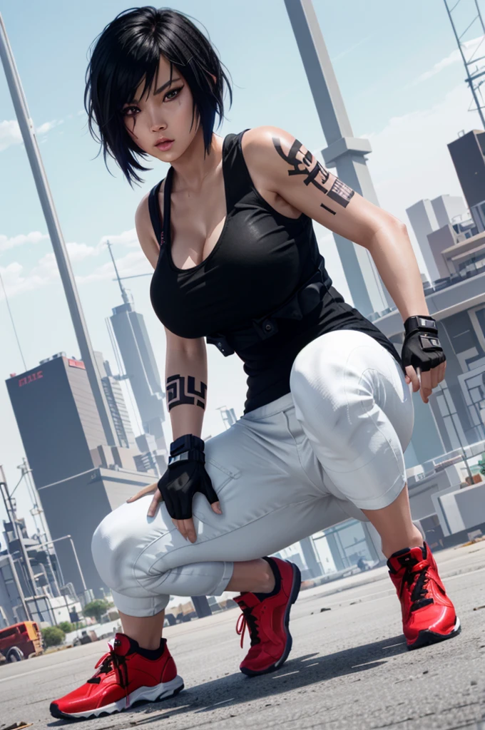 8k resolution, high res, absurd res, FaithMirror, 1girl, solo, gloves, tattoo, fingerless gloves, pants, realistic, one knee, black hair, shoes, sneakers, short hair, tank top, lips, red footwear, face tattoo, big boob, large breasts, exposed cleavage, thicc, wide hips
