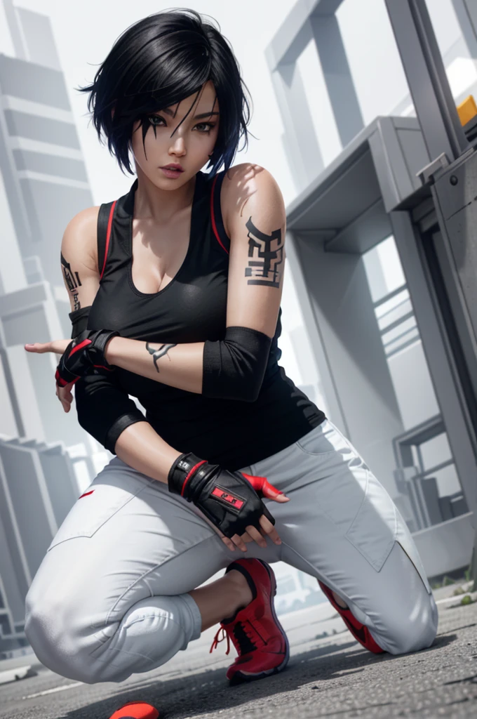 8k resolution, high res, absurd res, FaithMirror, 1girl, solo, gloves, tattoo, fingerless gloves, pants, realistic, one knee, black hair, shoes, sneakers, short hair, tank top, lips, red footwear, face tattoo, big boob, large breasts, exposed cleavage, thicc, wide hips
