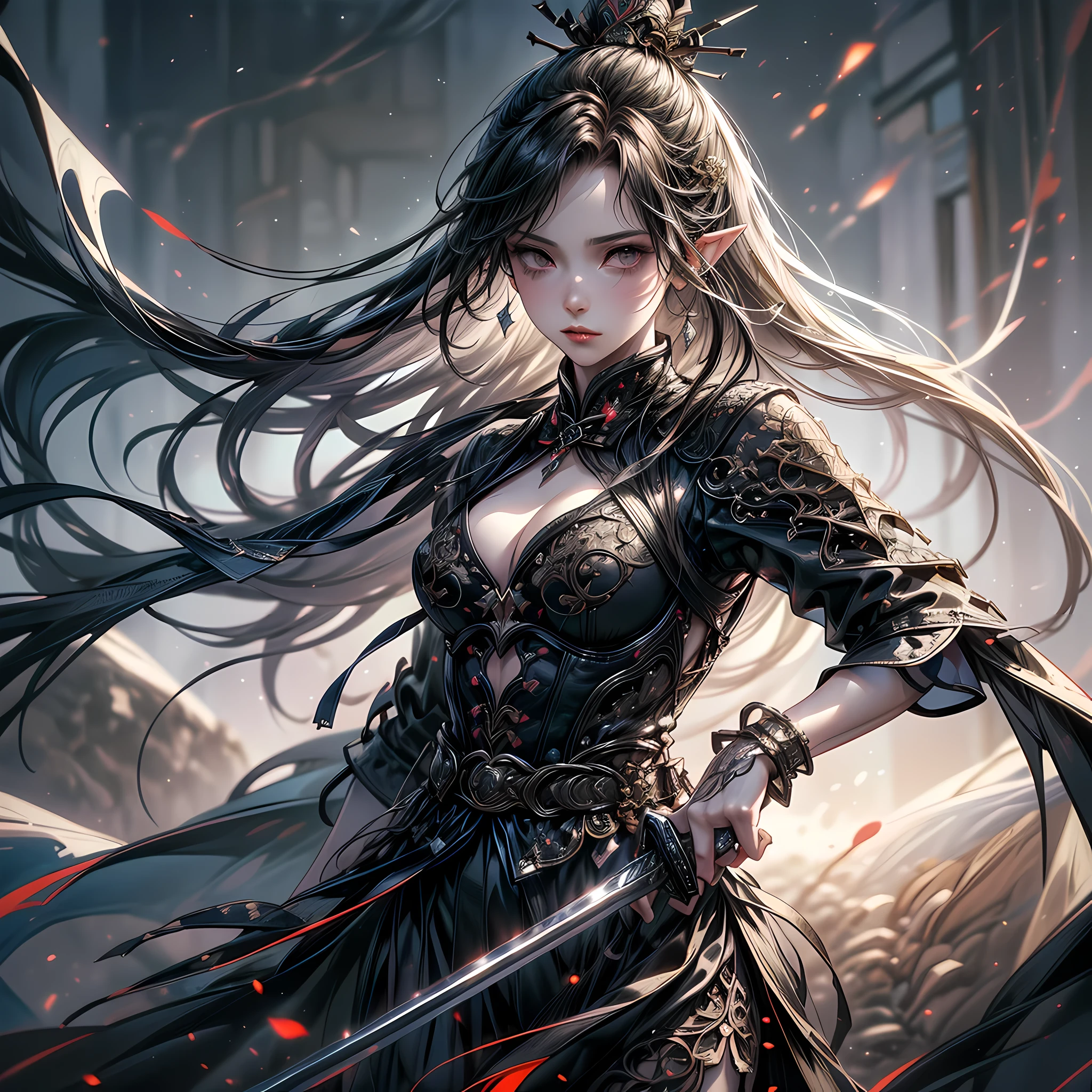 a picture of a female elf (intense details, Masterpiece, best quality: 1.5) fantasy swashbuckler, fantasy fencer, armed with a slim sword, shinning sword, metallic shine, colorful clothes, dynamic clothing, an ultra wide shot, full body (intense details, Masterpiece, best quality: 1.5)epic beautiful female elf (intense details, Masterpiece, best quality: 1.5), rich hair, braided hair, small pointed ears, GlowingRunes_pink [colorful magical sigils in the air],[ colorful arcane markings floating] (intricate details, Masterpiece, best quality: 1.6), holding a [sword] (intricate details, Masterpiece, best quality: 1.6) holding a [sword glowing in red light]fantasy urban street (intense details, Masterpiece, best quality: 1.5),  purple cloak, long cloak (intense details, Masterpiece, best quality: 1.5), sense of daring, sense of adventure,  high details, best quality, 8k, [ultra detailed], masterpiece, best quality, (extremely detailed), dynamic angle, ultra wide shot, photorealistic, RAW, fantasy art, dnd art,fantasy art, realistic art, xuer Ancient Chinese sword
