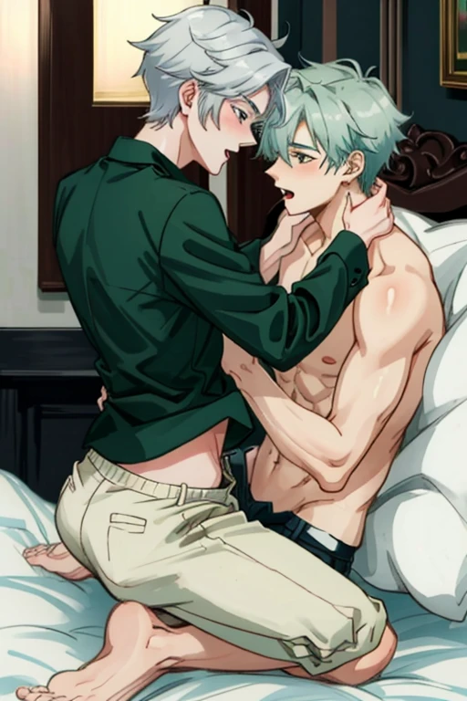 Anime BL, sex, boy with green hair, boy with silver hair, two boys