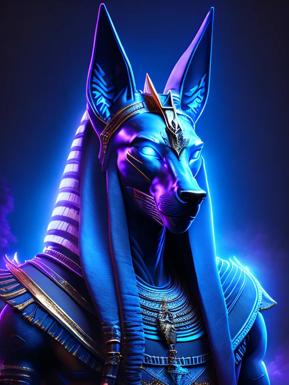 gloomy portrait of the Egyptian god Anubis, extremadamente detallado, Paisaje urbano futurista, Noche, bright neon lights, fumar, chispas, virutas de metal, escombros voladores, blue energy effects, Volumetric light
