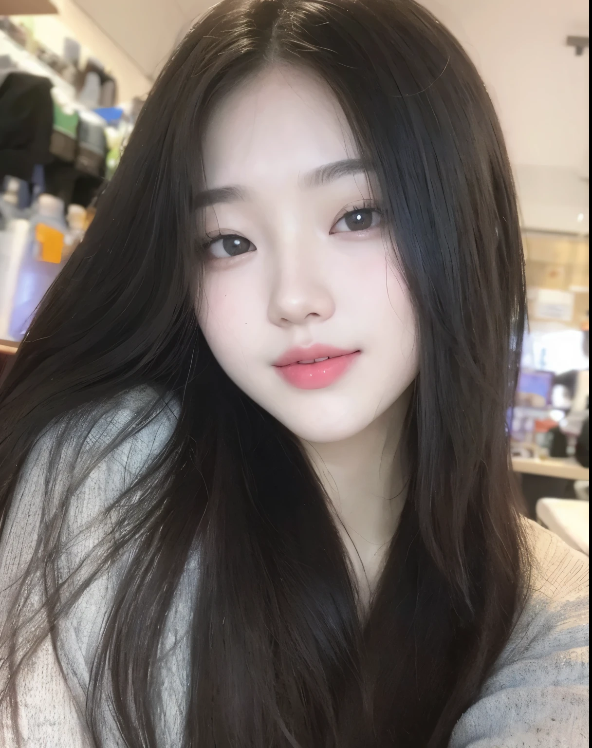 a closeup of a woman with long hair and a sweater, jaeyeon nam, ulzzang, muchacha coreana, pale korean adorable face, lee ji - eun, lee ji-eun, jinyoung shin, heonhwa choe, joven y adorable rostro coreano, hermosa mujer surcoreana, aparcar desde-min, Hwang se - es, hermosa joven coreana
