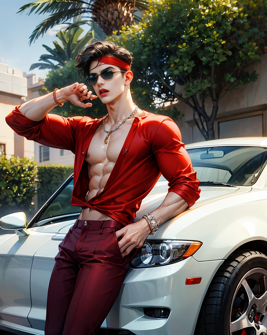 HD quality, high definition, male 20 years old handsome, muscular and slim, red lips, leaning against a sports car, naked exposed vagina, model with bracelets, earrings and Necklace, wearing head band and sunglasses, open red vest, full sexy body, mouth open, eyebrowse angry, side view, ((exposed vagina))