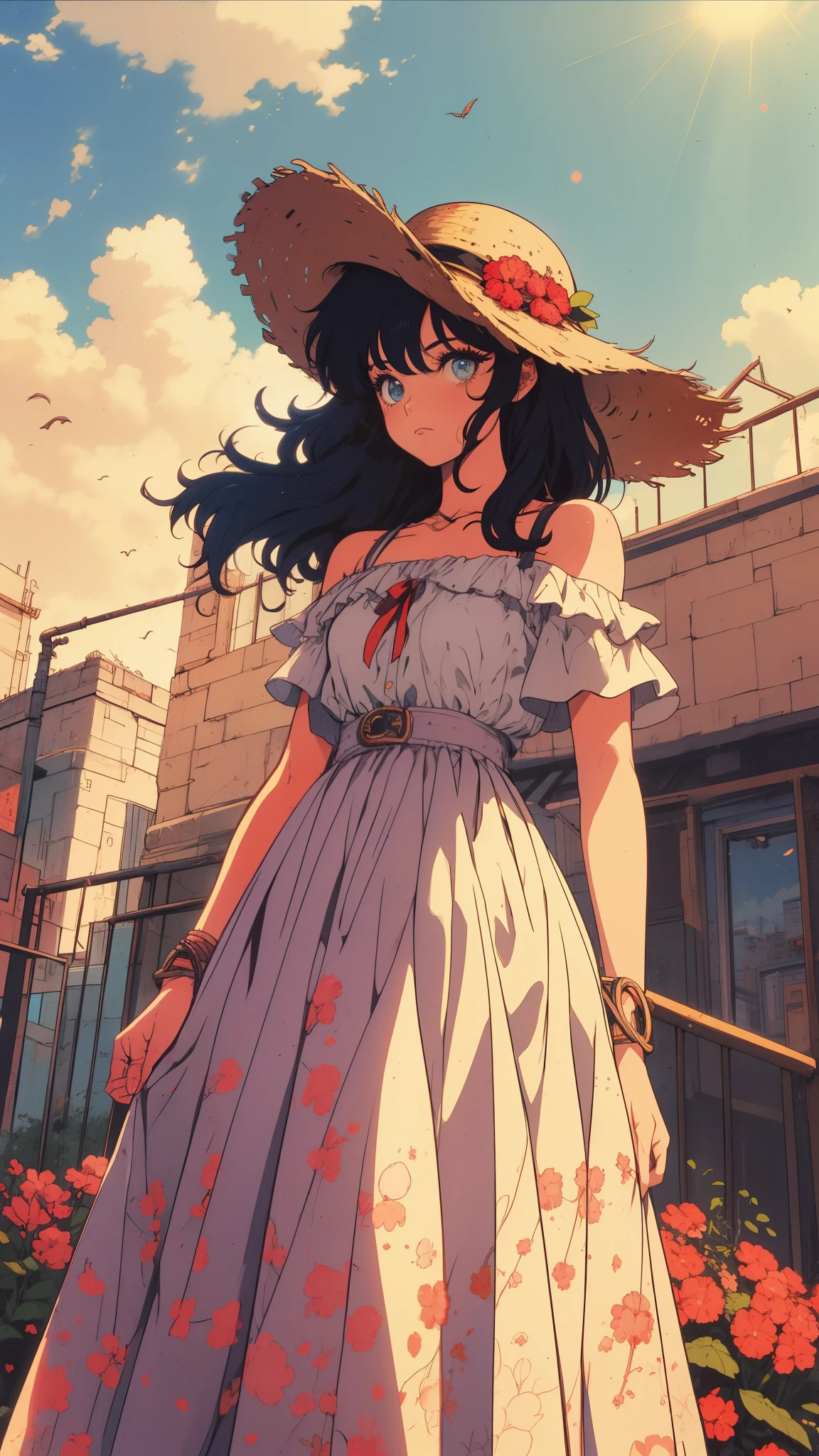 retro 90s anime style, movie poster:1.2, Soft lighting, dramatic angle:1.25, One:1.4, 1 girl, aquamarine hair, long curly hair, Blue eyes, arrogant smile, street в крепости straw hat, off shoulder shirt, hat flower, looking:1.3, fantastically colorful, fortress, USA, blue sky with clouds and sun at sunset, street:1.3, masterpiece:1.2, ultra detailed, Best quality, illustration, depth of field.