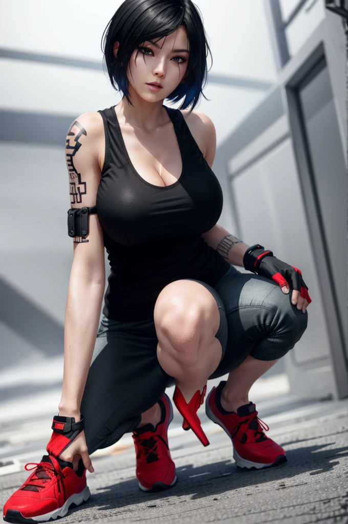 8k resolution, high res, absurd res, FaithMirror, 1girl, solo, gloves, tattoo, fingerless gloves, pants, realistic, one knee, black hair, shoes, sneakers, short hair, tank top, lips, red footwear, face tattoo, big boob, large breasts, exposed cleavage, thicc, wide hips, big eyes, tight clothes