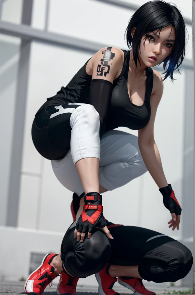 8k resolution, high res, absurd res, FaithMirror, 1girl, solo, gloves, tattoo, fingerless gloves, pants, realistic, one knee, black hair, shoes, sneakers, short hair, tank top, lips, red footwear, face tattoo, big boob, large breasts, exposed cleavage, thicc, wide hips, big eyes, tight clothes