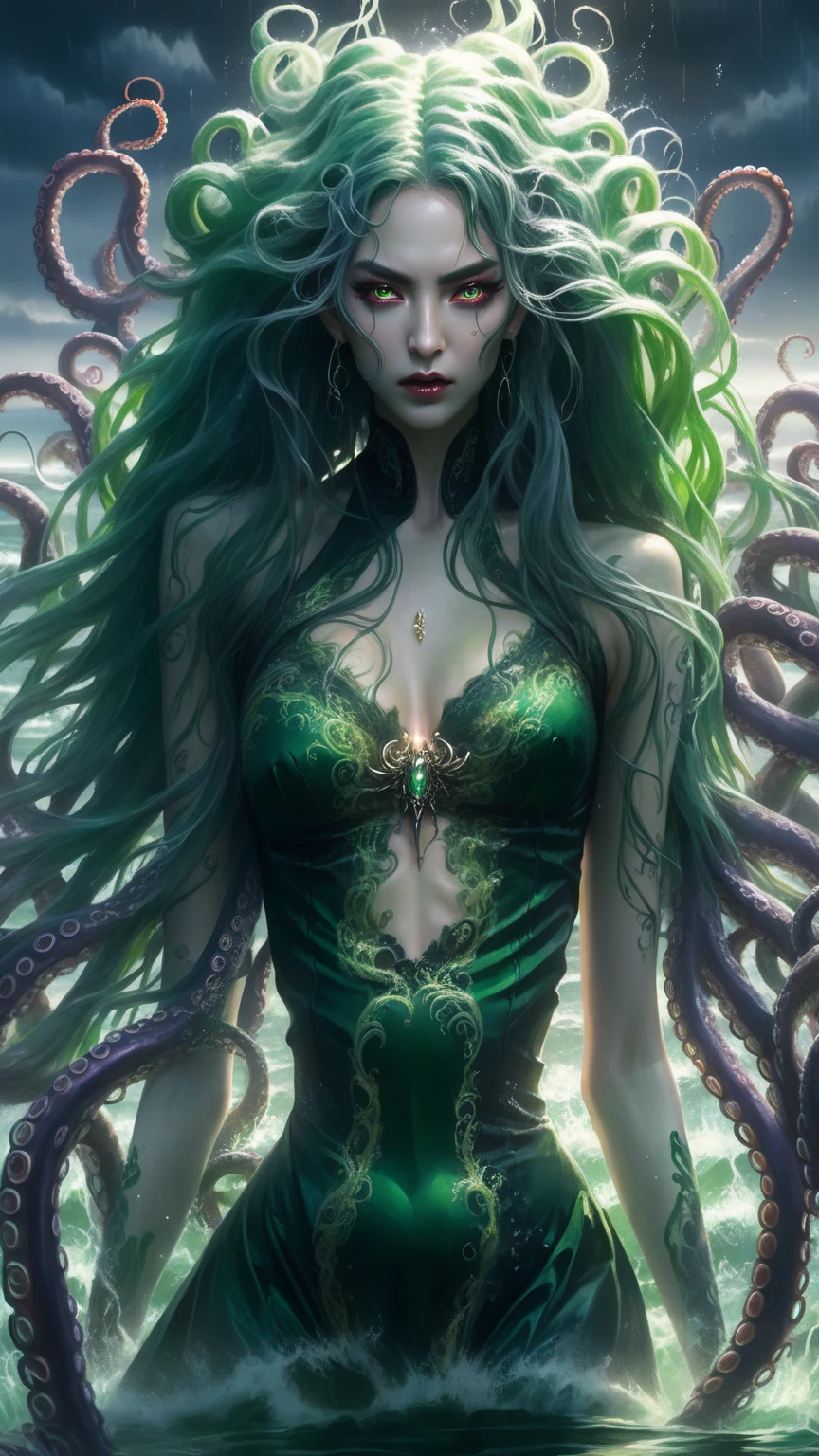 sea witch painting, Long Green Hair, evil, evil党, She is coming to you, Close-up, Dark Sea,( In the water:1.1), lightning, Bright Eyes, Wearing a dress made of algae, Tentacles, octopus, (Close-up:1.3)