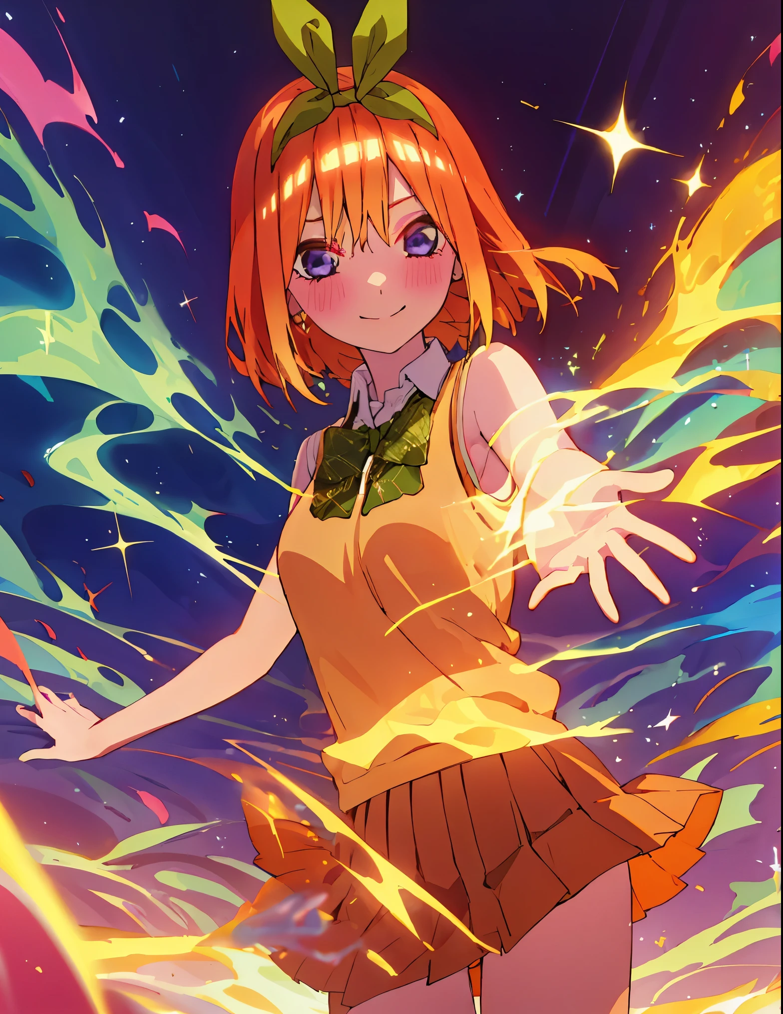 1 girl, solo, masterpiece, aesthetic, sparkle, blue lilac violet tones, blue purple sparkling dreamy atmosphere, best quality, illustration, minimal design for a t-shirt, yotsuba nakano in a dynamic pose, orange bob hair, orange shoulder length hair, green ribbon, minimal design, flat shapes, green bowtie, yellow sleeveless sweater, collared white shirt, green pleated skirt, , Good shapes, perfect lines, perfect lineart, professional, good, cute, tender expression, lovely, , smile, sweet eyes, ethereal