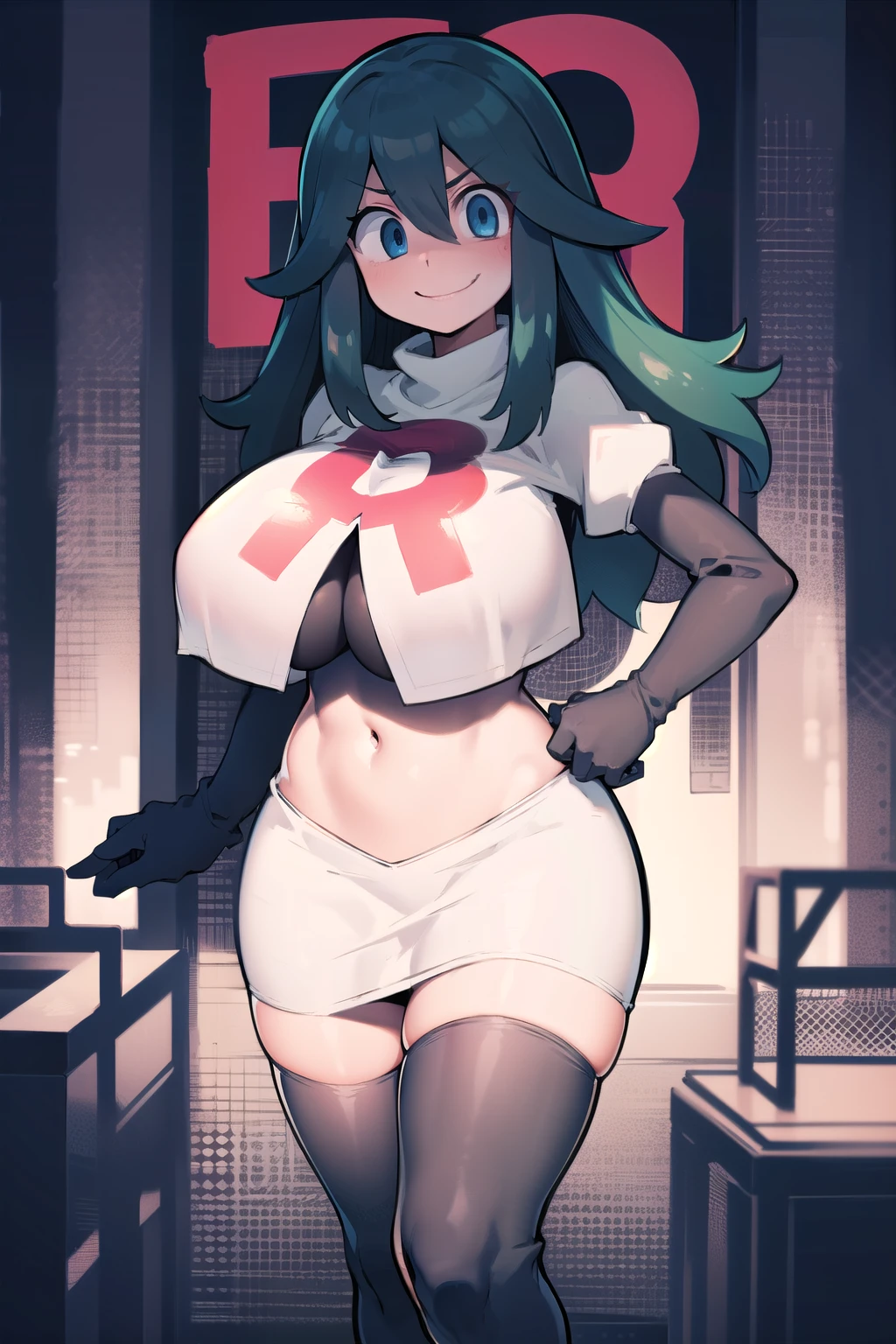 hexmaniacms, hex_maniac_\(pokemon\),1girl,solo,depth of field, (huge breasts), crazy_eyes, @ @, (shaded_face:1.3), smile, team rocket,team rocket uniform,white skirt,red letter R,crop top,black thigh-highs,black elbow gloves