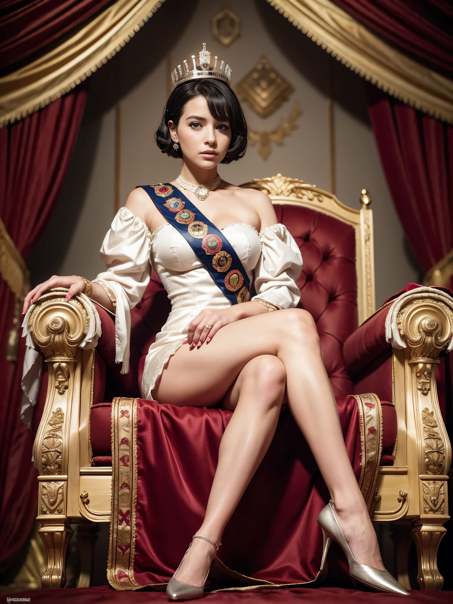 Masterpice, high quality, 8k quality, 1 lady, young Queen Elizabeth 2, Queen of United Kingdom, wearing royal uniform with her crown of Dimond sitting on royal throne, cloth cover all her body included her legs,the royal uniform cover all body including her legs, beautiful face, short black hair, the best photo for the queen of United Kingdom, the best look for Queen in her young age (30 years), Beckenham Place as background and United Kingdom flag, realistic hands