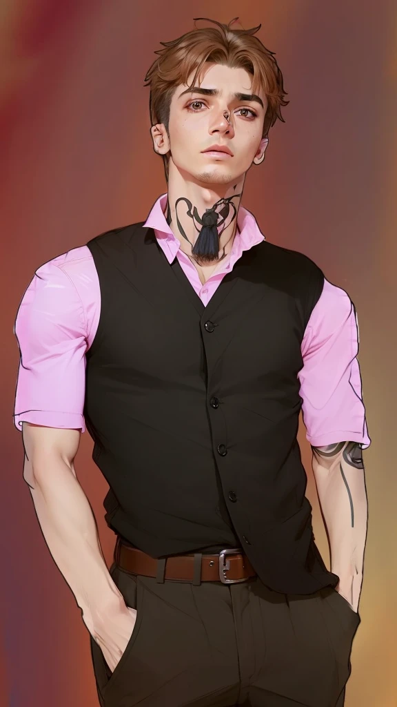 um desenho de desenho animado de um homem de colete e gravata, vestindo um colete e uma gravata, close-up de corpo inteiro, retrato de corpo inteiro, avatar da parte superior do corpo, inspirado em Kris de Deltarrune, character Retrato de corpo inteiro, inspirado em Dean Roger, conceito de personagem irrealista, Retrato de corpo inteiro, sem camisa por baixo do colete, !!Retrato de corpo inteiro!!