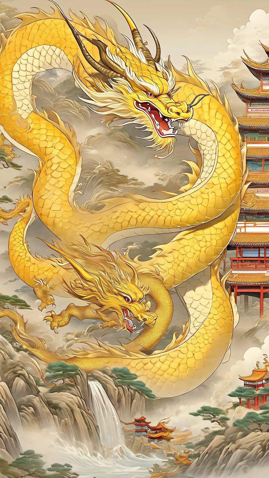 ((masterpiece)),((highest quality)),((Official Art)),(Very detailed CG ユニティ 8k 壁紙),((Very detailed)),((figure)),Traditional Chinese Painting,((Chinese Wind)),Golden Dragon,