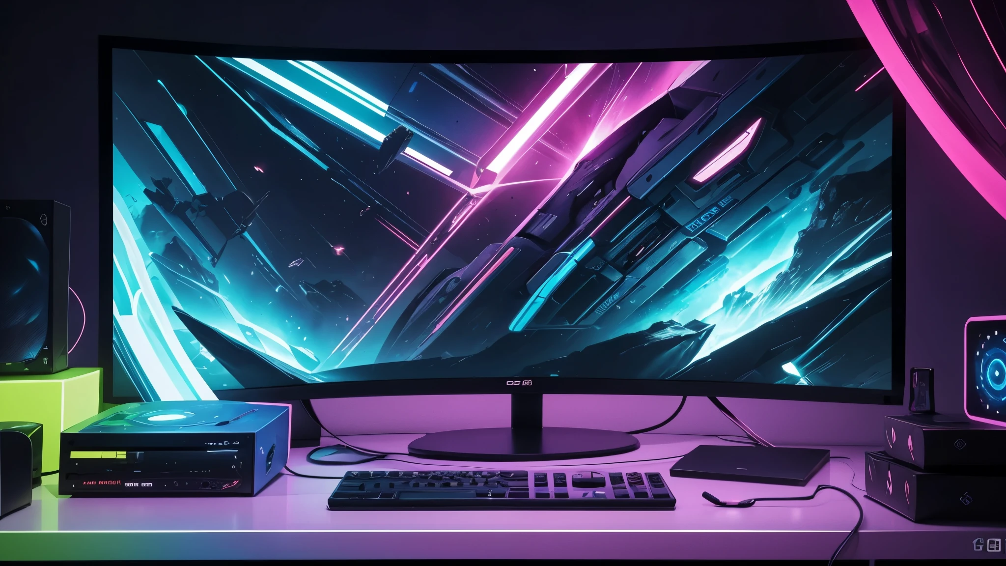 "Create an abstract image that captures the essence of gaming in a solid color scheme. The image must be in Full HD resolution, com tamanho de 2560 x 1440 pixels. O design deve incorporar elementos de jogos, como controles, consoles de jogos ou personagens de jogos, de forma estilizada e abstrata. O esquema de cores deve ser ousado e vibrante, focusing on a single color or a limited color palette. The overall effect should be a dynamic, immersive image that appeals to gamers and fans of abstract art. A imagem deve apresentar uma rica paleta de cores de tons neon, evocando a atmosfera de uma cibercidade futurista. Em primeiro plano, there should be a stylized representation of a game controller, with its buttons and joysticks forming intricate geometric patterns. O fundo deve apresentar uma grade brilhante, sugerindo o mundo digital dos jogos. O efeito geral deve ser uma mistura harmoniosa de arte abstrata e cultura de jogos, with a dynamic and immersive gaming experience that attracts the viewer."