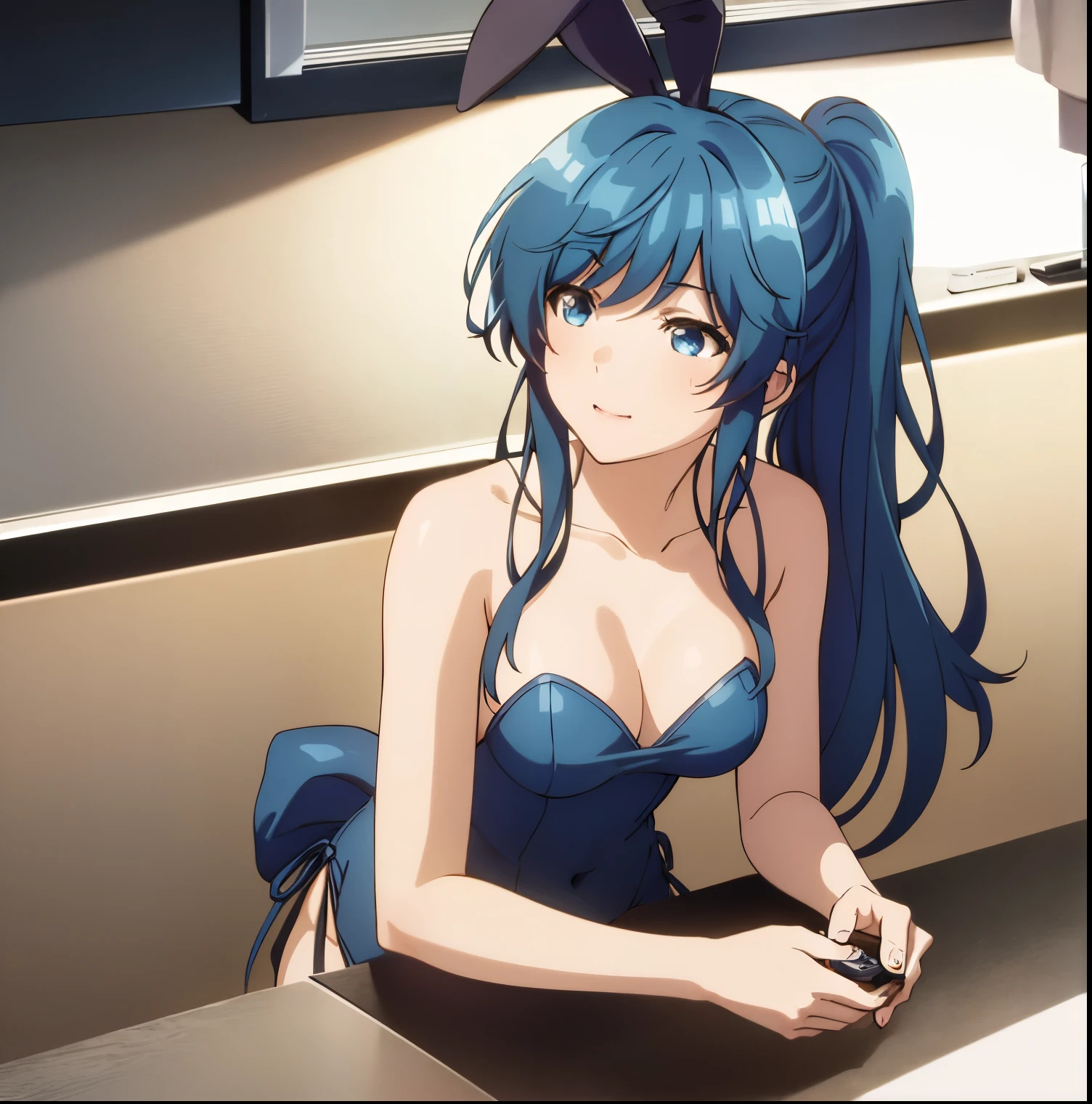 1girl,alone,minami,nanami,best quality,(Masterpiece:1.2),detailed,smile,mouth closed, blue hair, blue eyes, long hair, ponytail, dark blue playboy bunny outfit, blue headband, playboy bunny ears, black pantyhose, blue heels, big breasts, medium waist, wide hips, medium thighs, casino, sitting at betting table, legs crossed, holding tray with betting chips ,good lighting, perfect anatomy, perfect hands