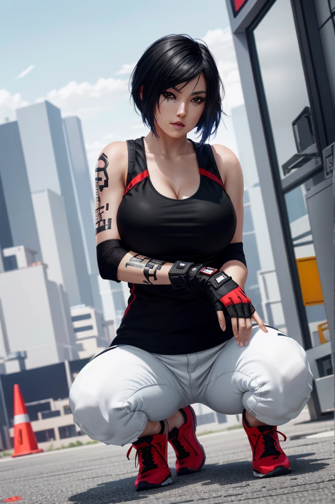 8k resolution, high res, absurd res, FaithMirror, 1girl, solo, gloves, tattoo, fingerless gloves, pants, realistic, one knee, black hair, shoes, sneakers, short hair, tank top, lips, red footwear, face tattoo, big boob, large breasts, exposed cleavage, thicc, wide hips, big eyes, tight clothes