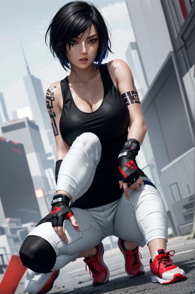 8k resolution, high res, absurd res, FaithMirror, 1girl, solo, gloves, tattoo, fingerless gloves, pants, realistic, one knee, black hair, shoes, sneakers, short hair, tank top, lips, red footwear, face tattoo, big boob, large breasts, exposed cleavage, thicc, wide hips, big eyes, tight clothes