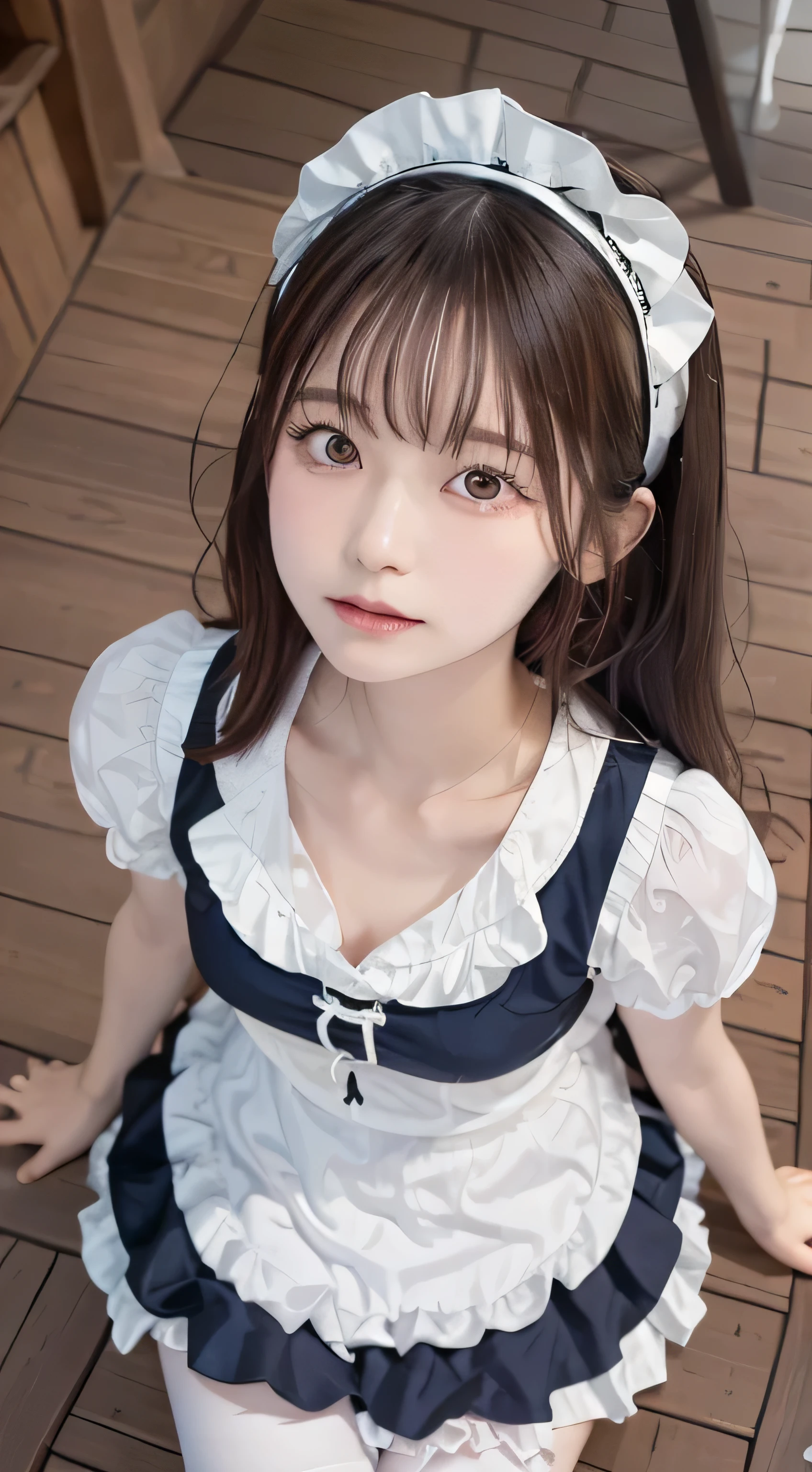 Tabletop, highest quality, figure, Very detailed, In detail, High resolution, 8k wallpaper, Perfect dynamic composition, ((close:1.3, From above, View your viewers)), Beautiful fine details , (Wearing a cotton maid outfit, , Cute Ruffle Girl Dress, Maid's headband, The color base is white、black、green),